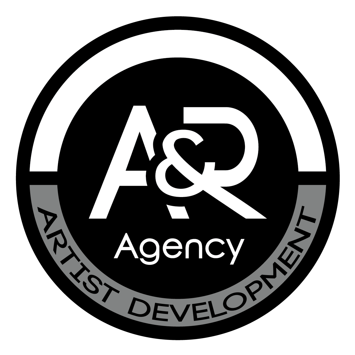 A black, white and grey circular logo for A&R Agency