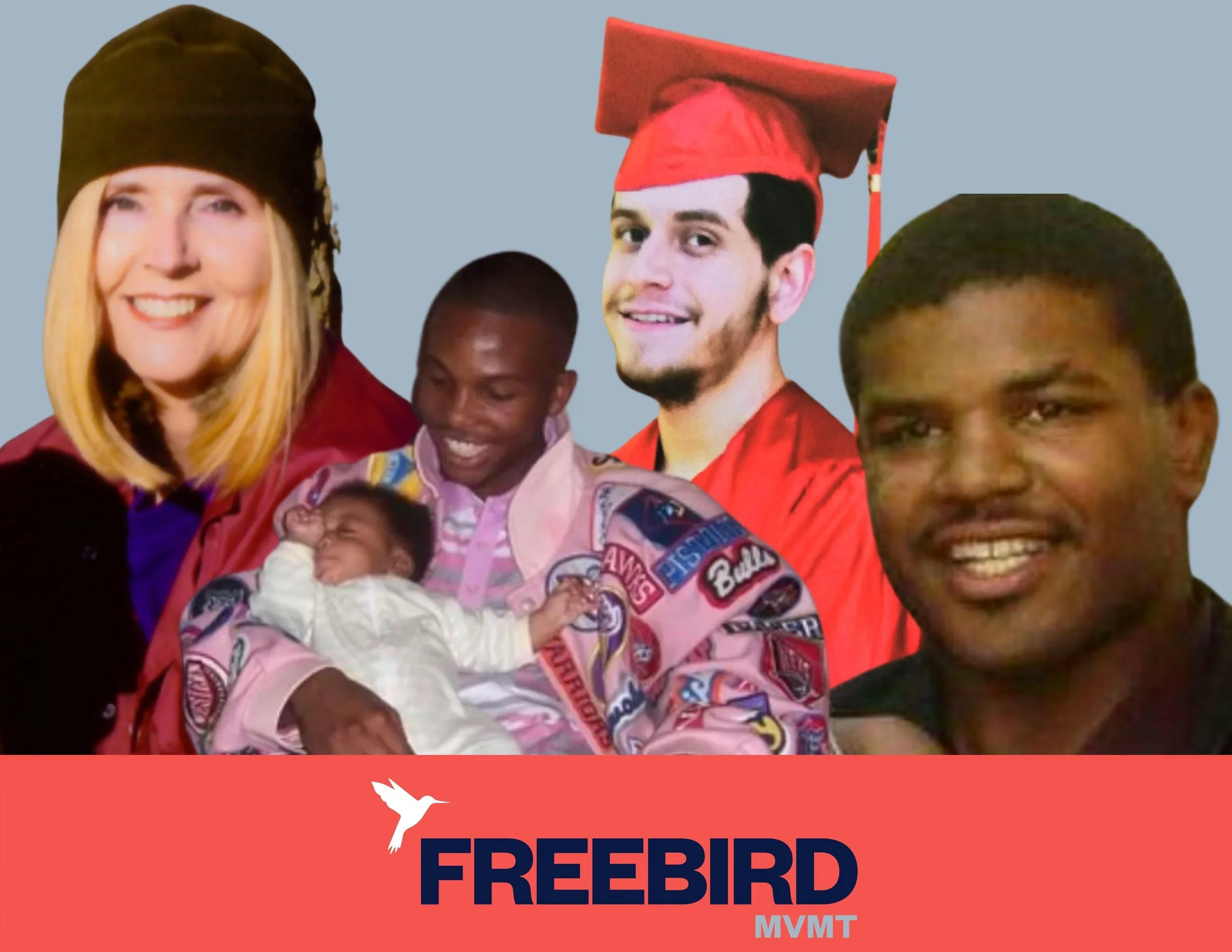 A photo of several people - a woman in a hat, a man holding a baby, a student wearing a graduation hat and a man with a moustache - above a logo for Freebird MVMT.