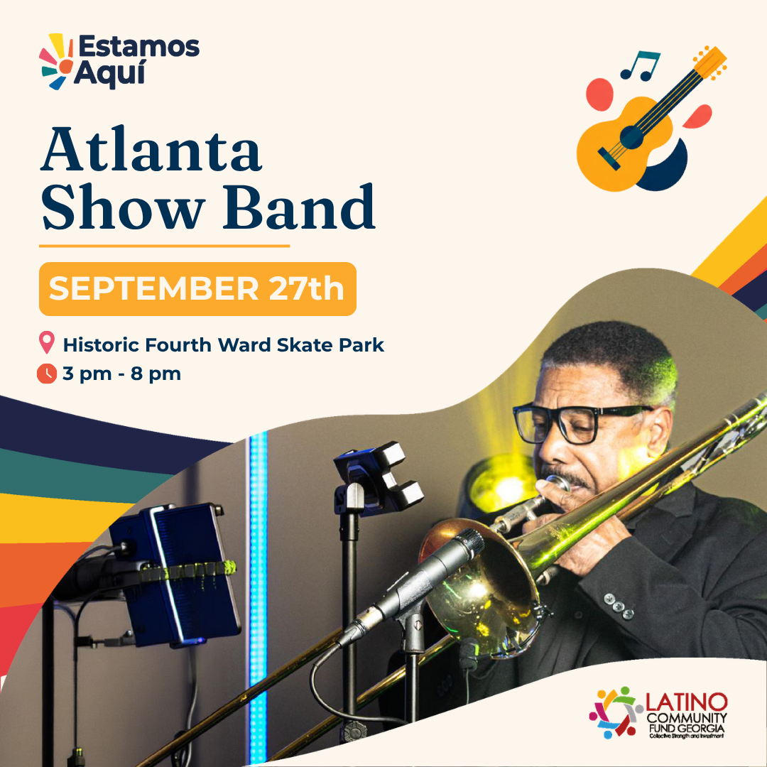 Event flyer for Atlanta Show Band performance on September 27th at Historic Fourth Ward Skate Park from 3 pm to 8 pm. Includes a photo of a man playing a trombone, with colorful musical notes and guitar illustrations in the design.