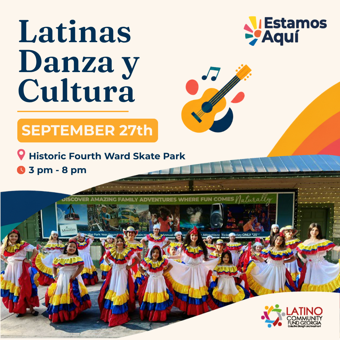 Event poster for Latin dance and culture on September 27th at Historic Fourth Ward Skate Park from 3 pm to 8 pm, featuring a group of dancers in colorful traditional dresses and a colorful logo of a person dancing.