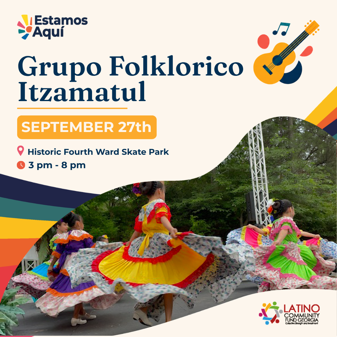 Flyer advertising a folkloric music and dance group event called 'Grupo Folklorico Itzamatul' on September 27th at the Historic Fourth Ward Skate Park from 3 pm to 8 pm, featuring a photo of girls in traditional dresses performing a folkloric dance.