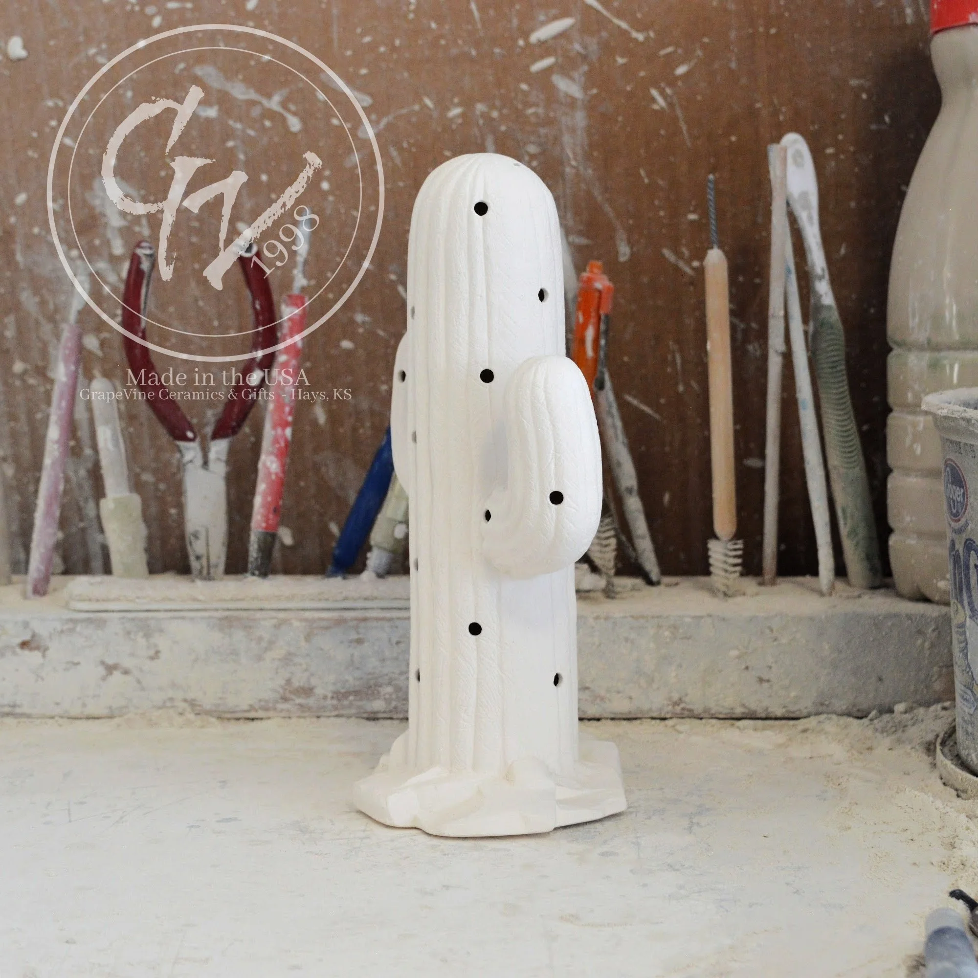 Side profile Unpainted white ceramic Saguaro Cactus bisque, 7.5 inches tall, professionally cleaned and ready to paint.