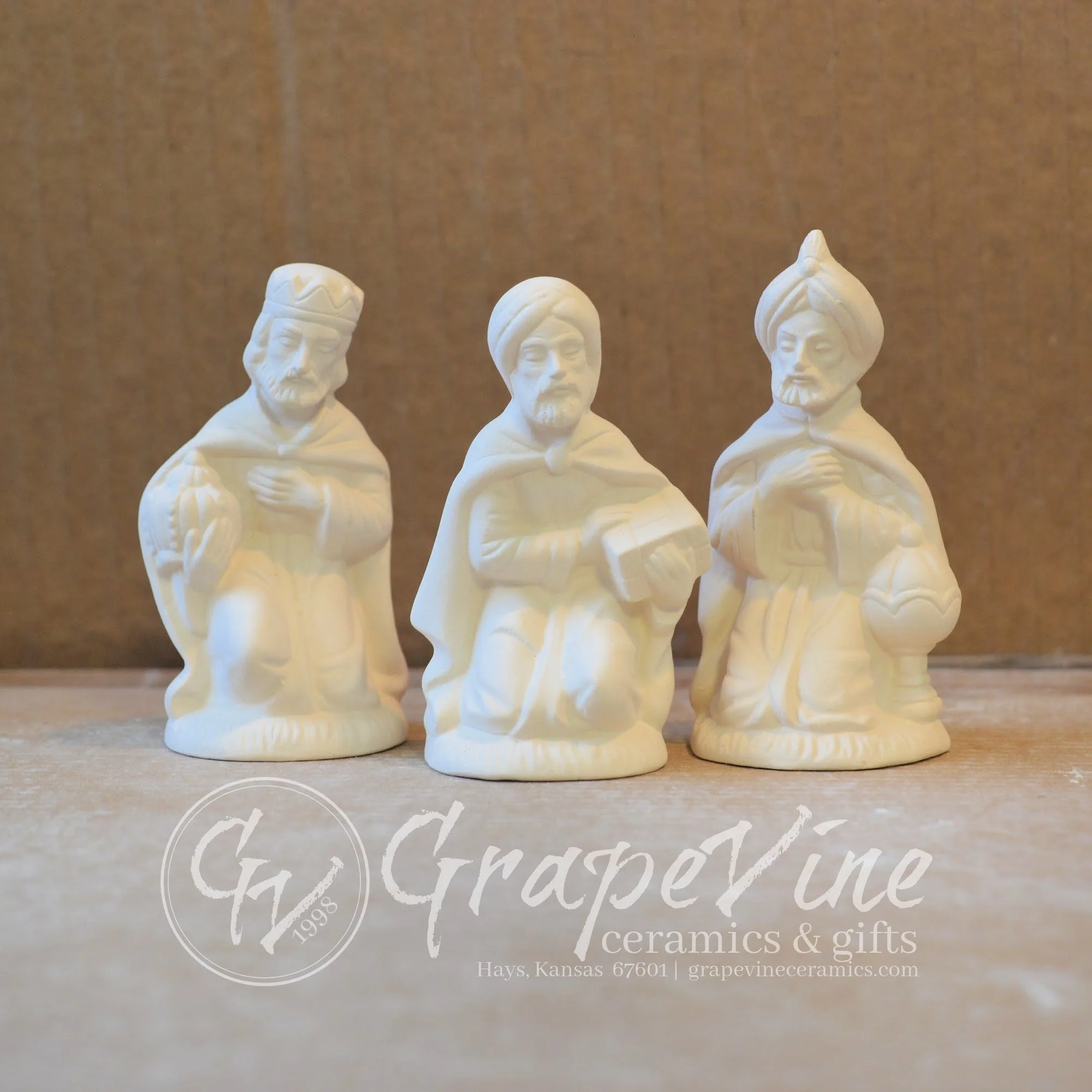 Front View three Kings for nativity set ready-to-paint ceramic bisque