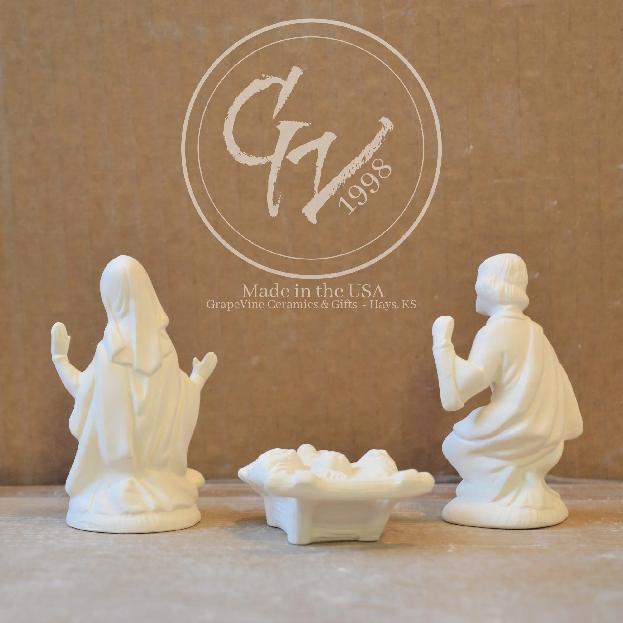 Rear View Mary, Jesus, Joseph  nativity set ready-to-paint ceramic bisque
