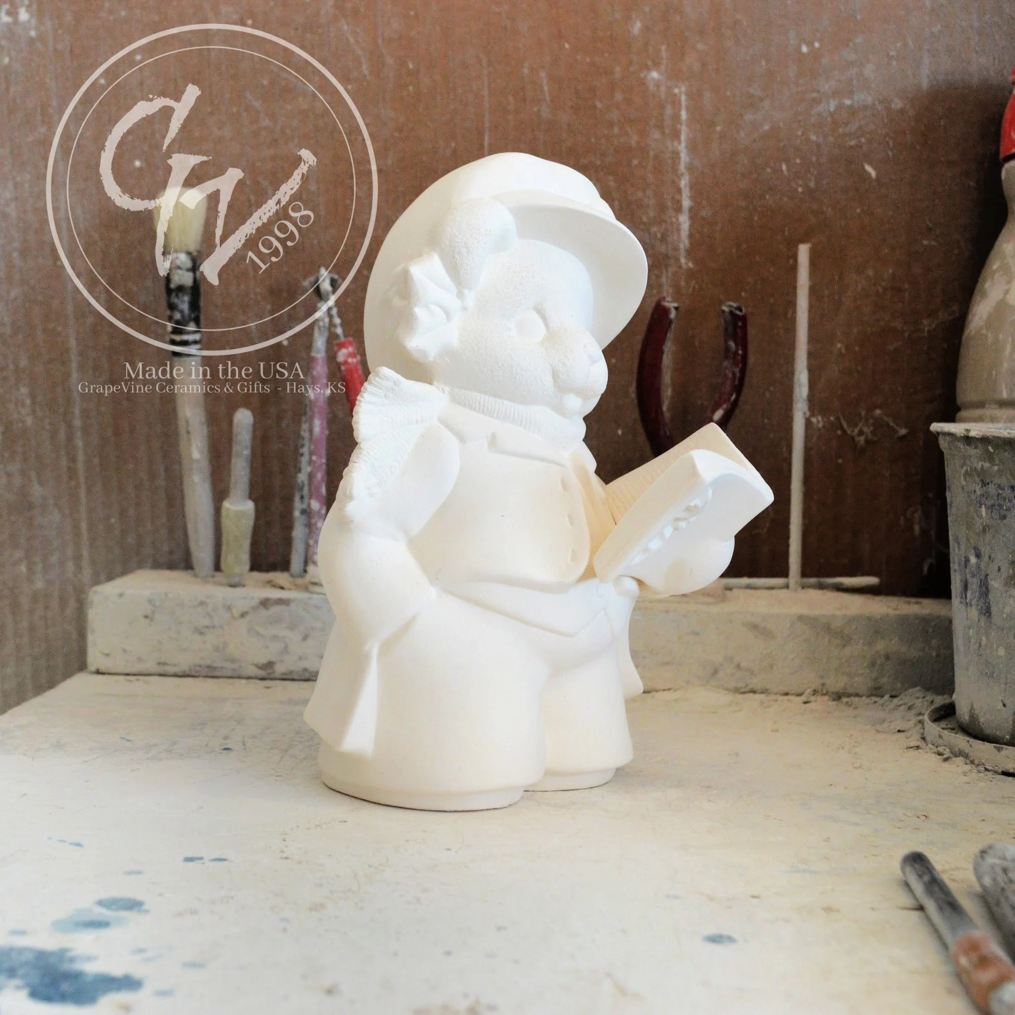 Unpainted white ceramic bisque Boy Christmas Bear figurine by Clay Magic 1253, 7.5 inches tall.