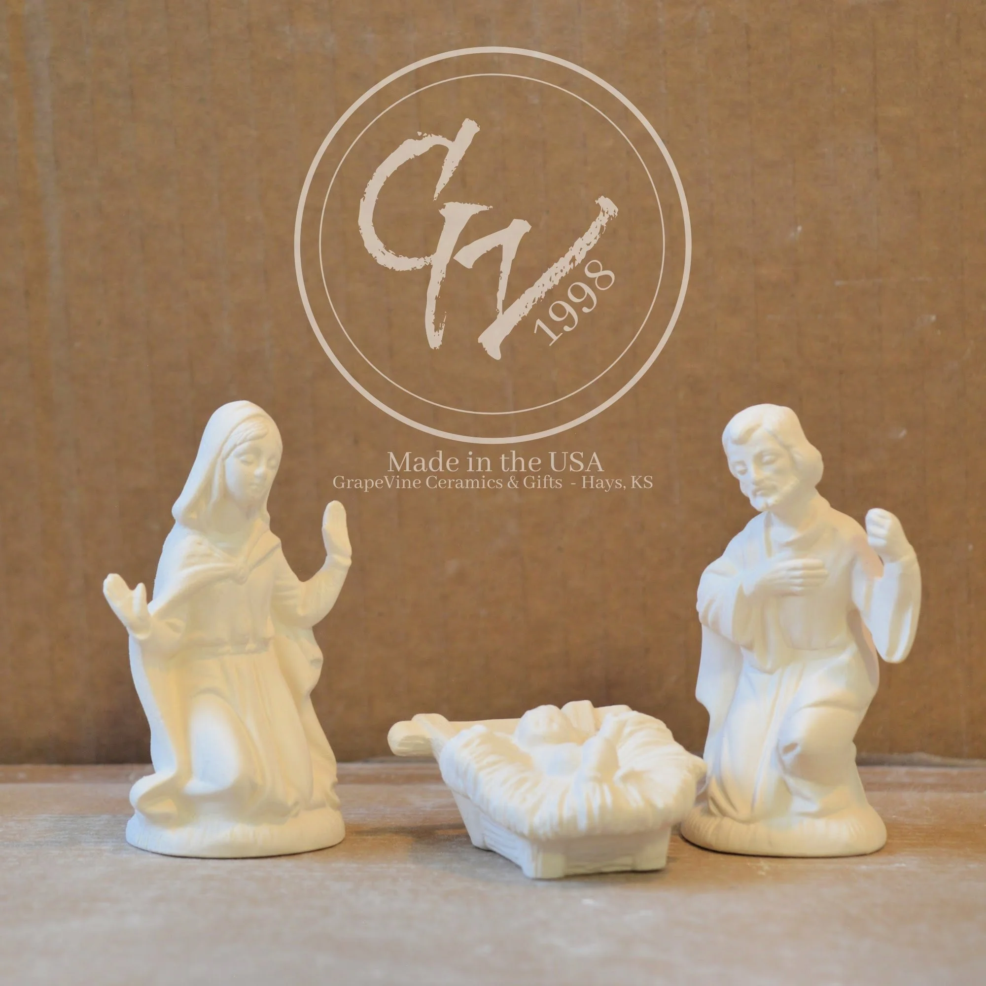 Front View Mary, Jesus, Joseph  nativity set ready-to-paint ceramic bisque