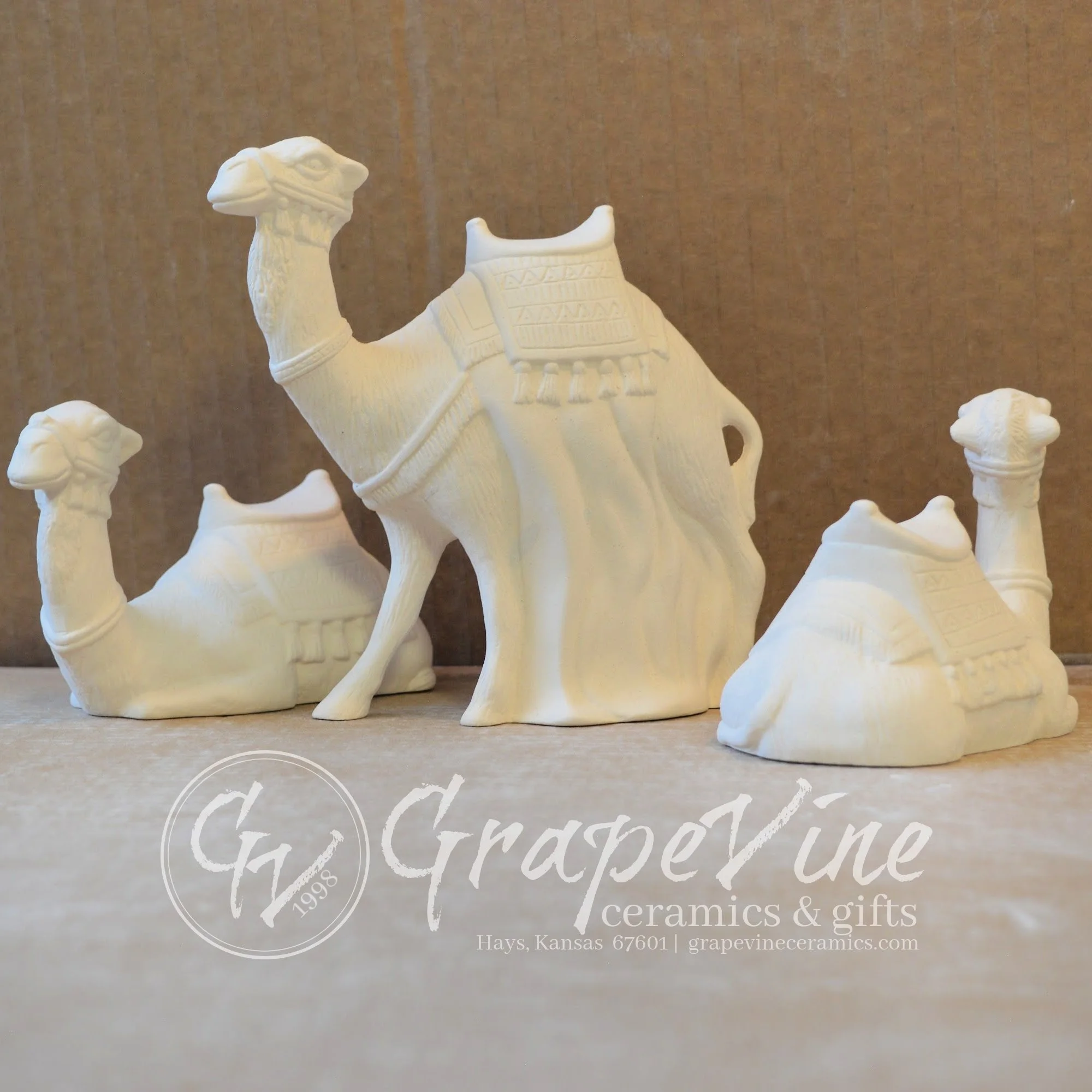 Front View three camels for nativity set ready-to-paint ceramic bisque