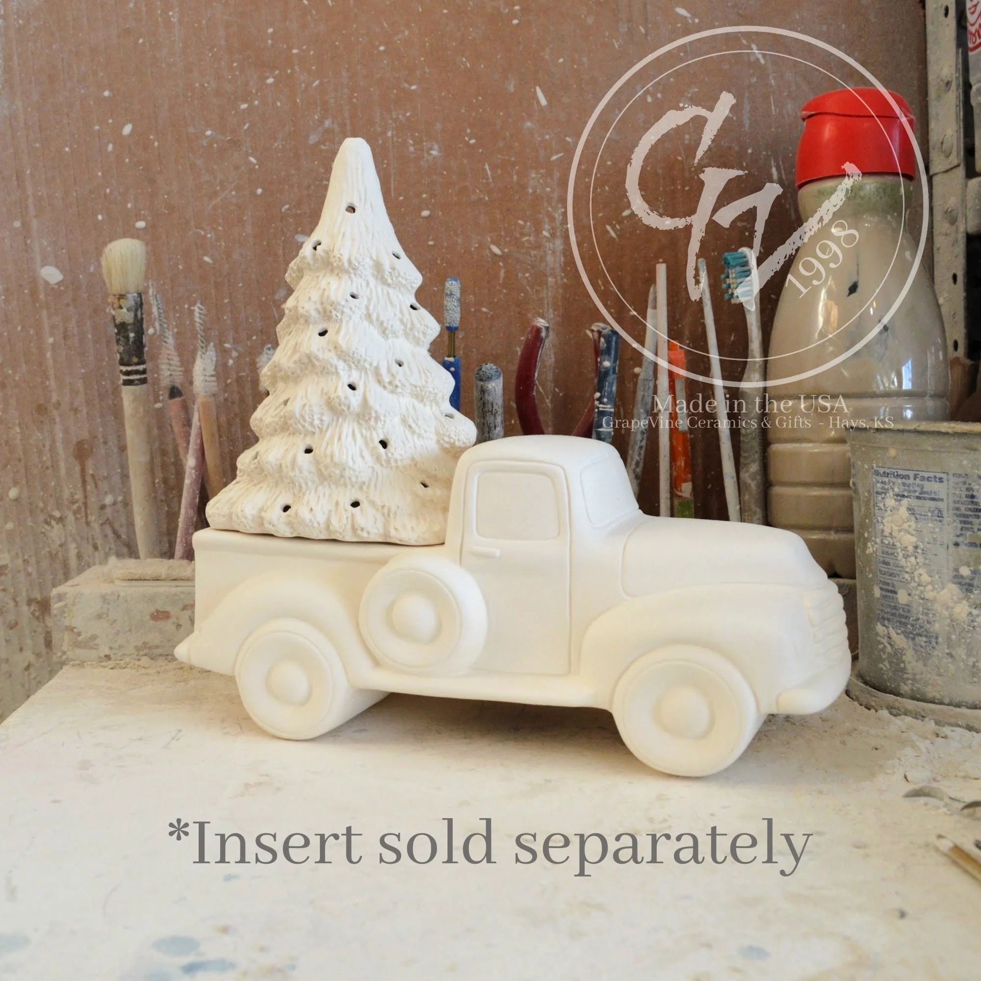 Example of a unfinished ceramic pickup truck with a tree insert.