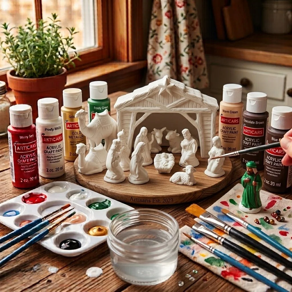 13-piece nativity set and creche ready-to-paint ceramic bisque on table with paint, paint palette, brushes and water basin.