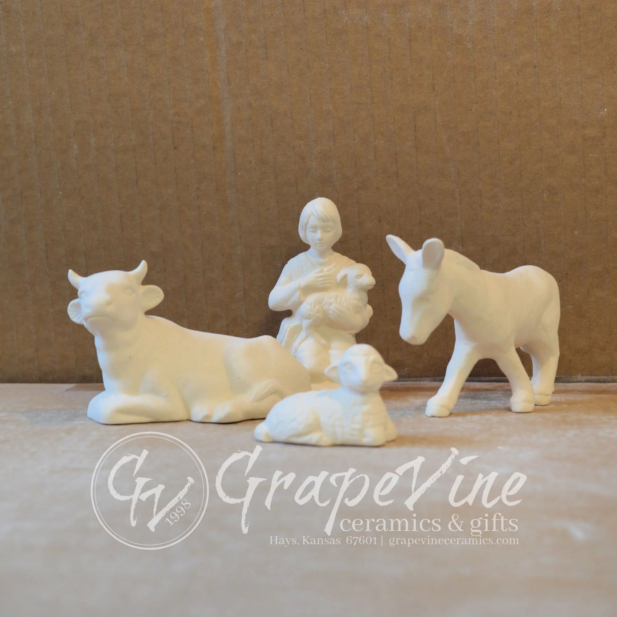 Front View shepherd, cow, lamb and donkey for nativity set ready-to-paint ceramic bisque