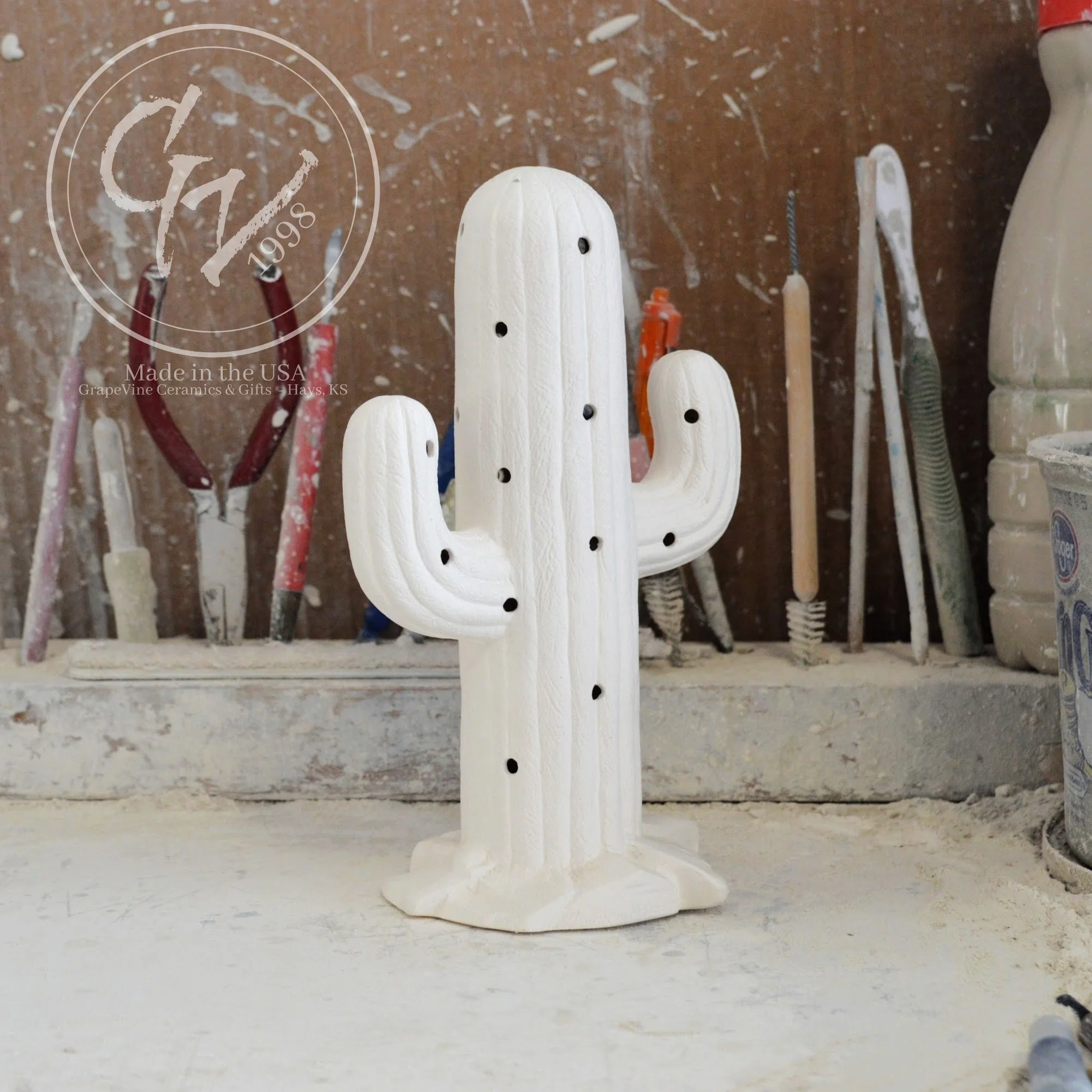 Side angle profile Unpainted white ceramic Saguaro Cactus bisque, 7.5 inches tall, professionally cleaned and ready to paint.