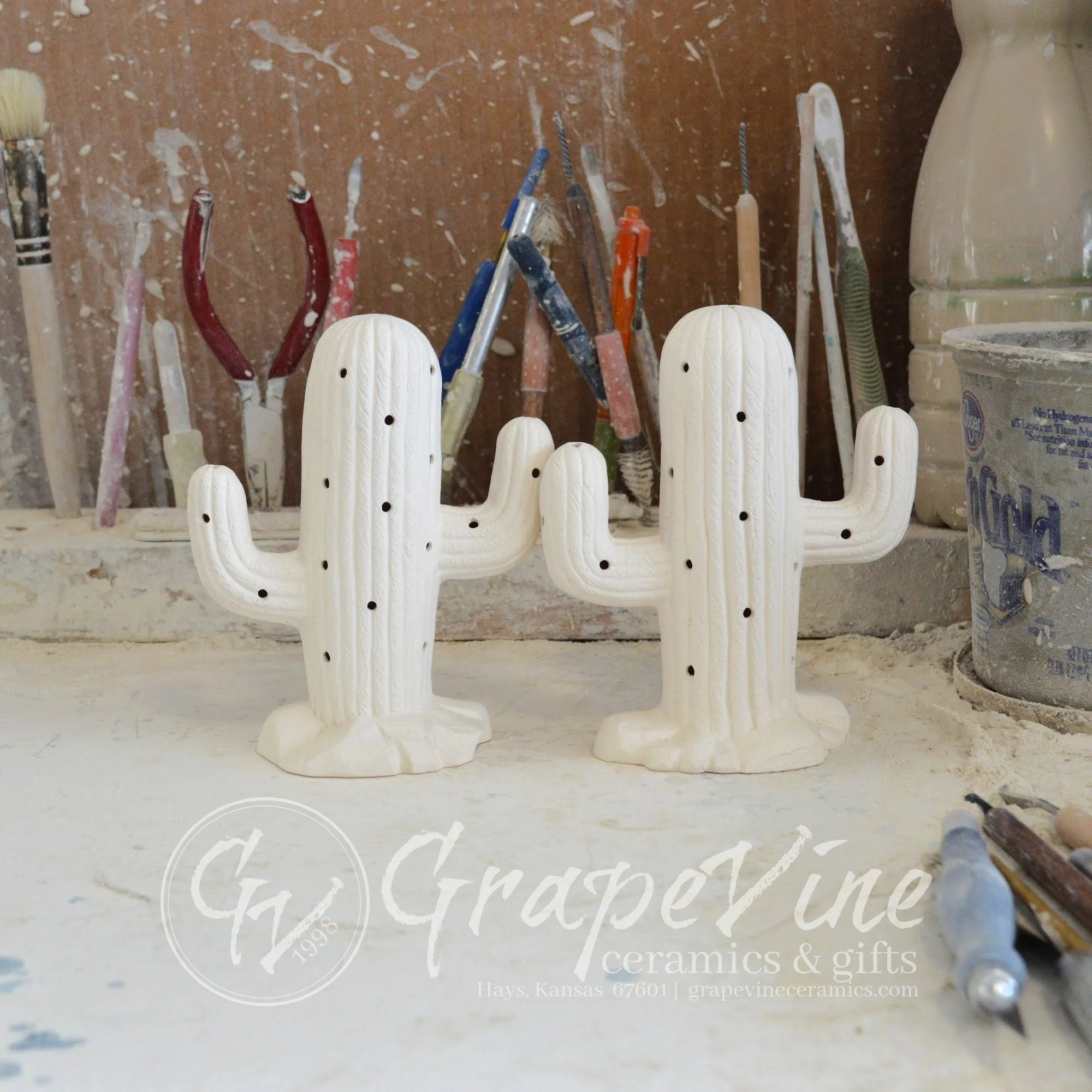 Set of two unpainted white ceramic Saguaro Cactus bisque figurines, 5.25 inches tall, ready to paint.
