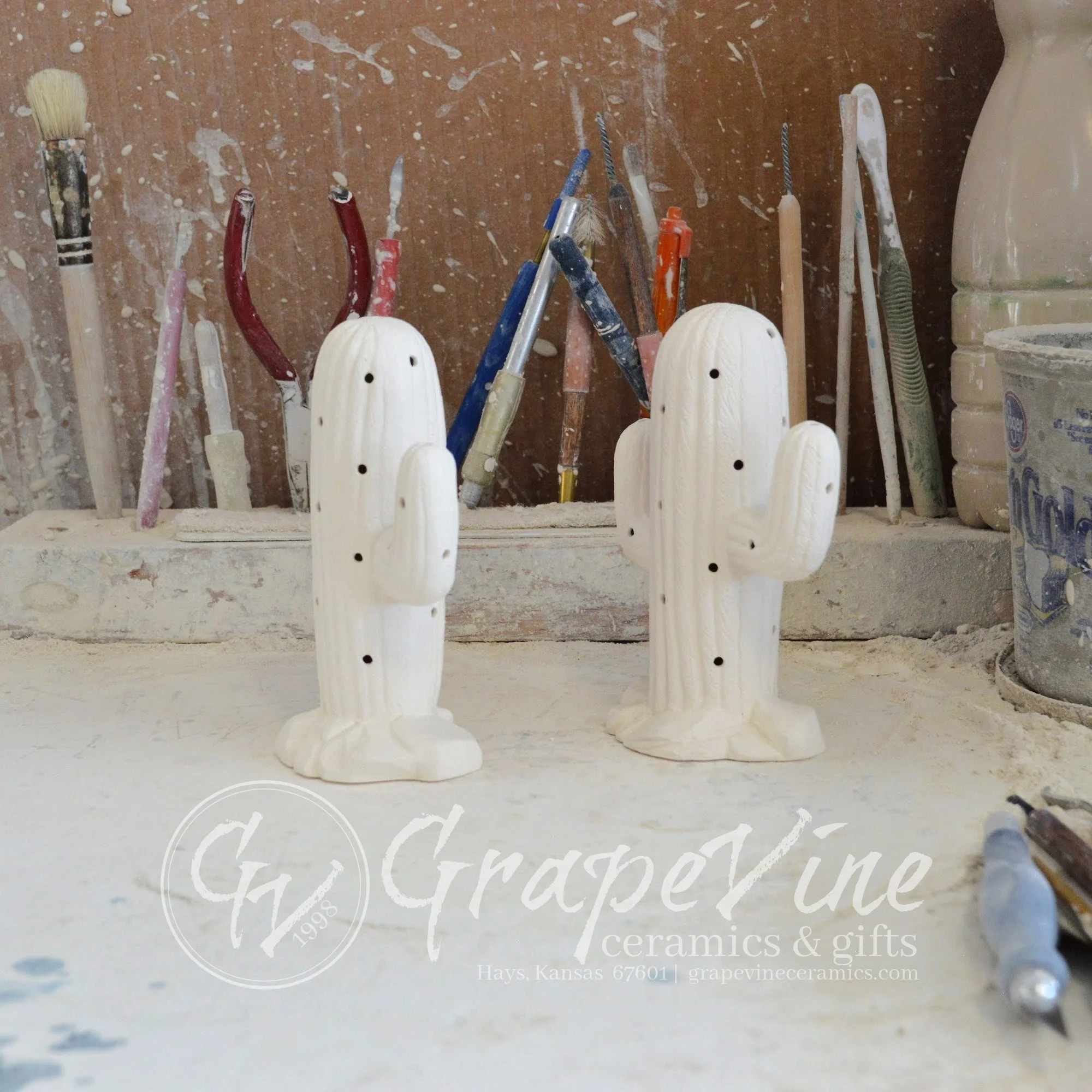 Side profile Two unpainted ceramic cacti shown together, illustrating the high-quality professional cleaning and smooth surface.