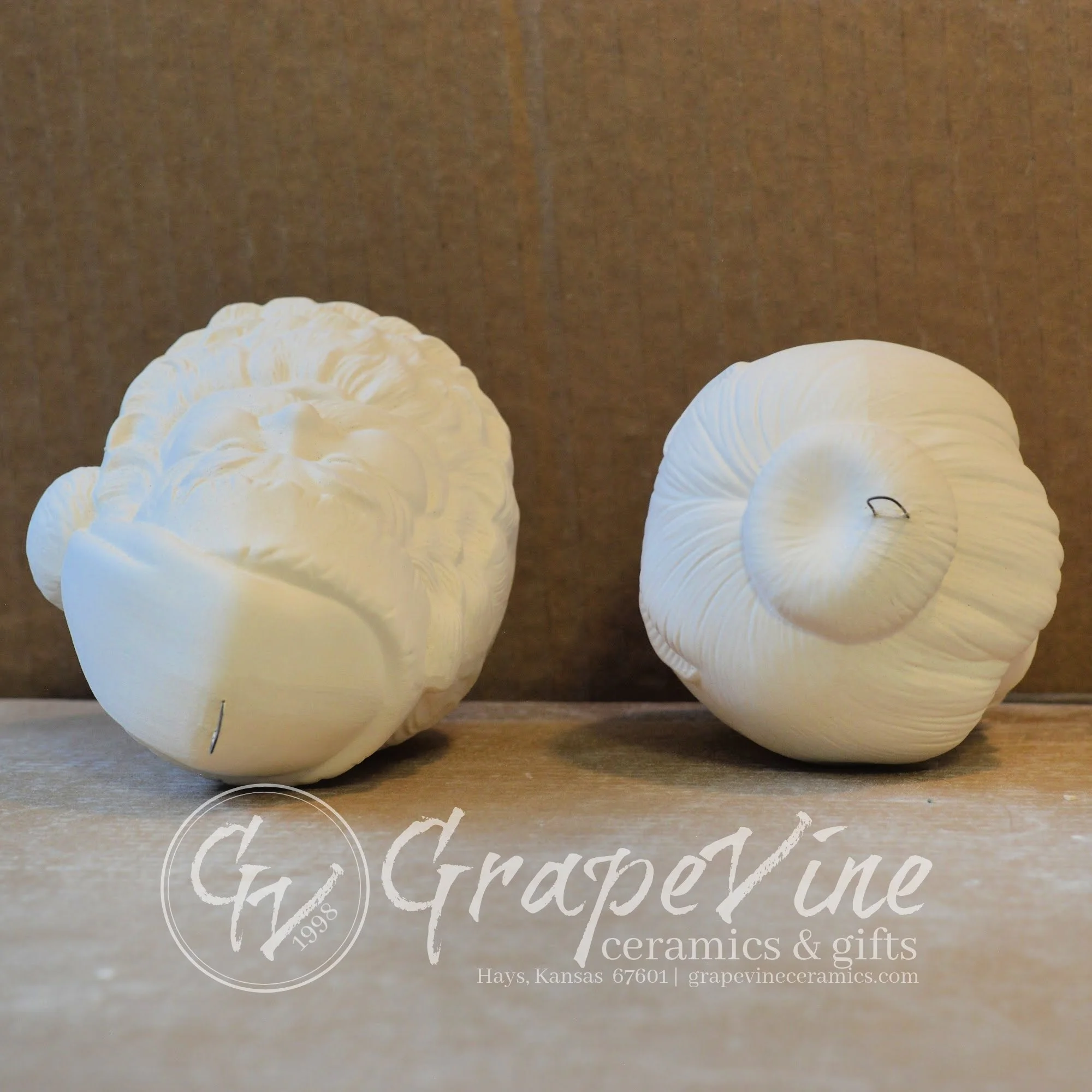 Top view Mr and Mrs Claus ready-to-paint ceramic bisque ornaments