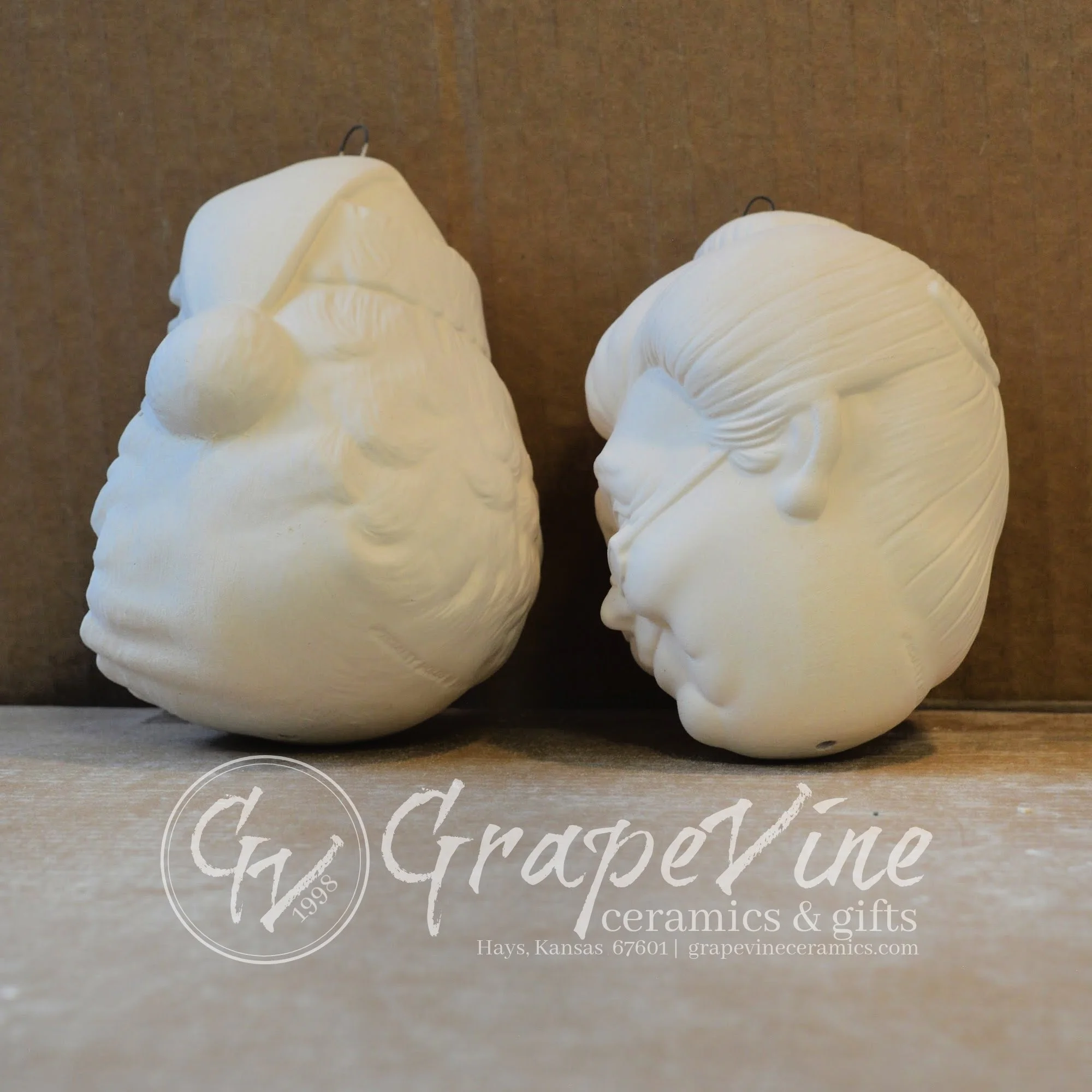 Side view Mr and Mrs Claus ready-to-paint ceramic bisque ornaments