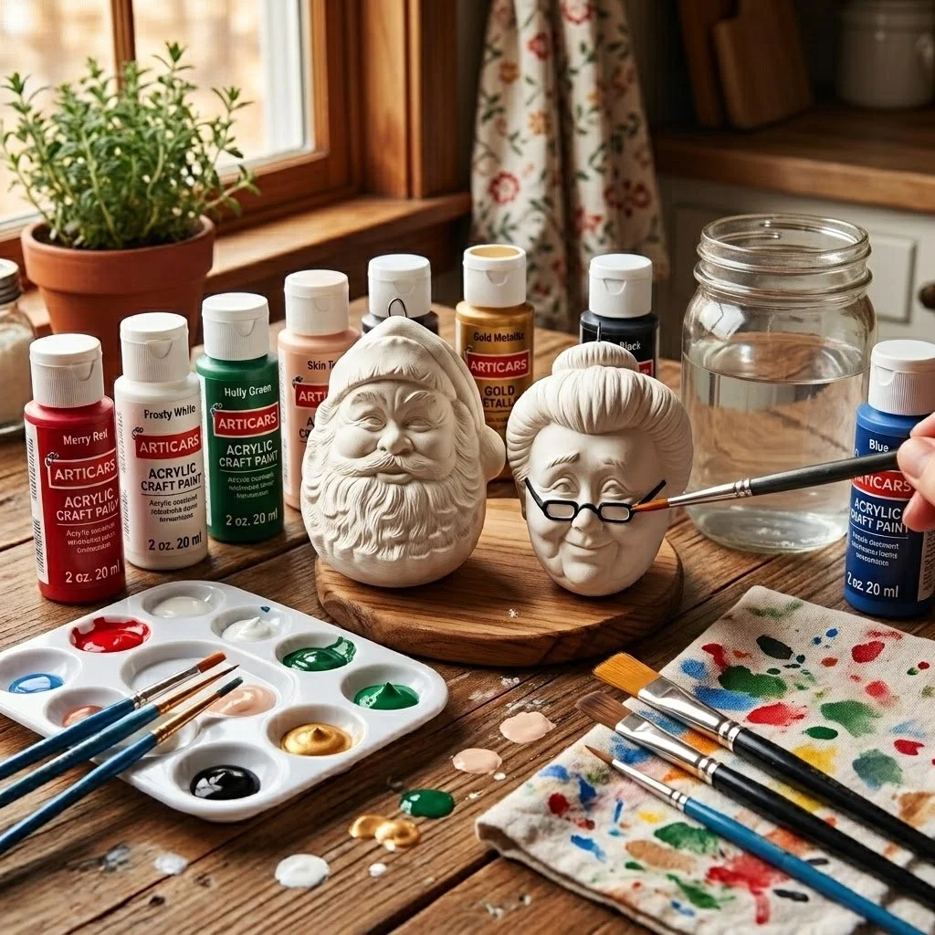 Mr and Mrs Claus ready-to-paint ceramic bisque ornaments on craft slice shown with paints, paint palette and brushes.