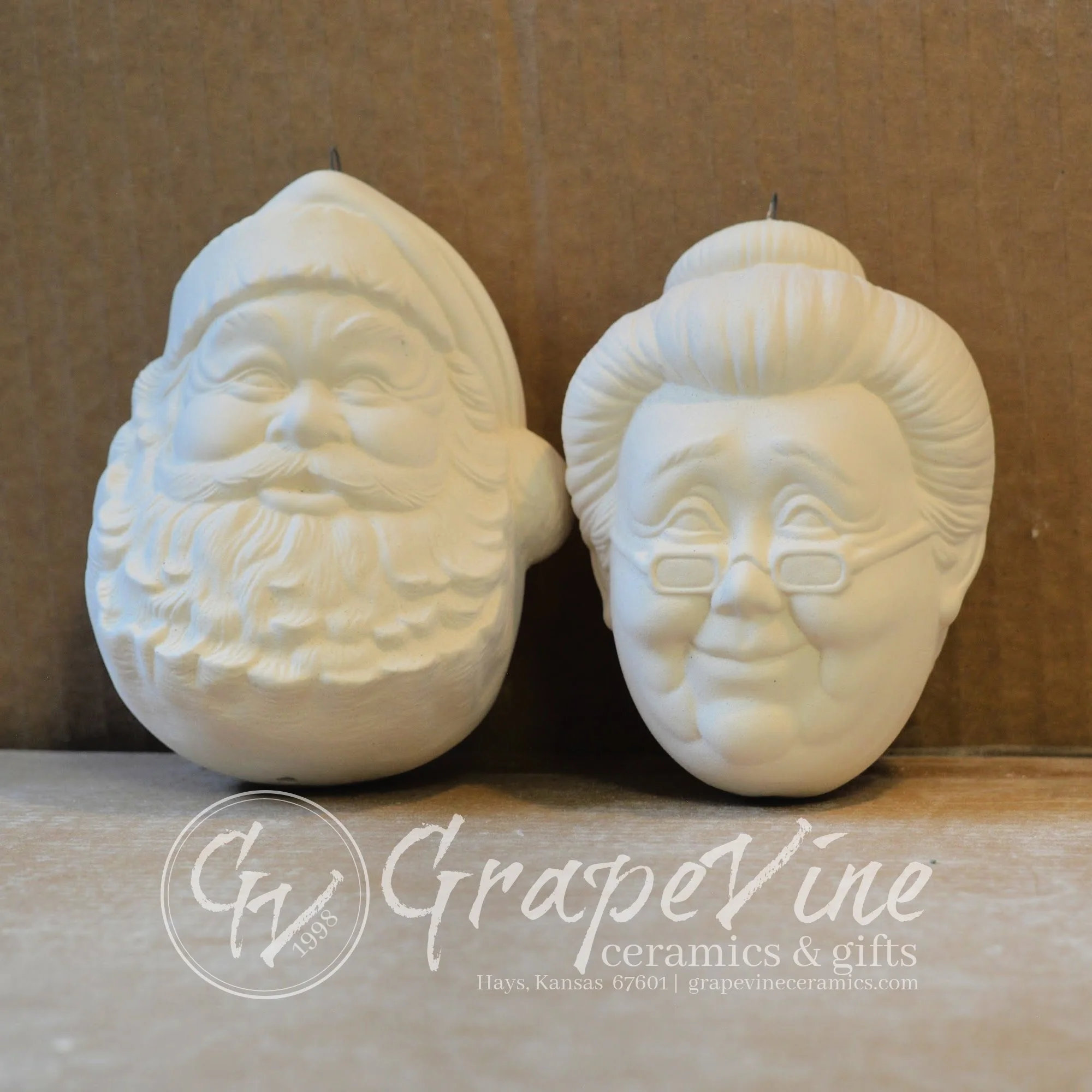 Mr and Mrs Claus ready-to-paint ceramic bisque ornaments