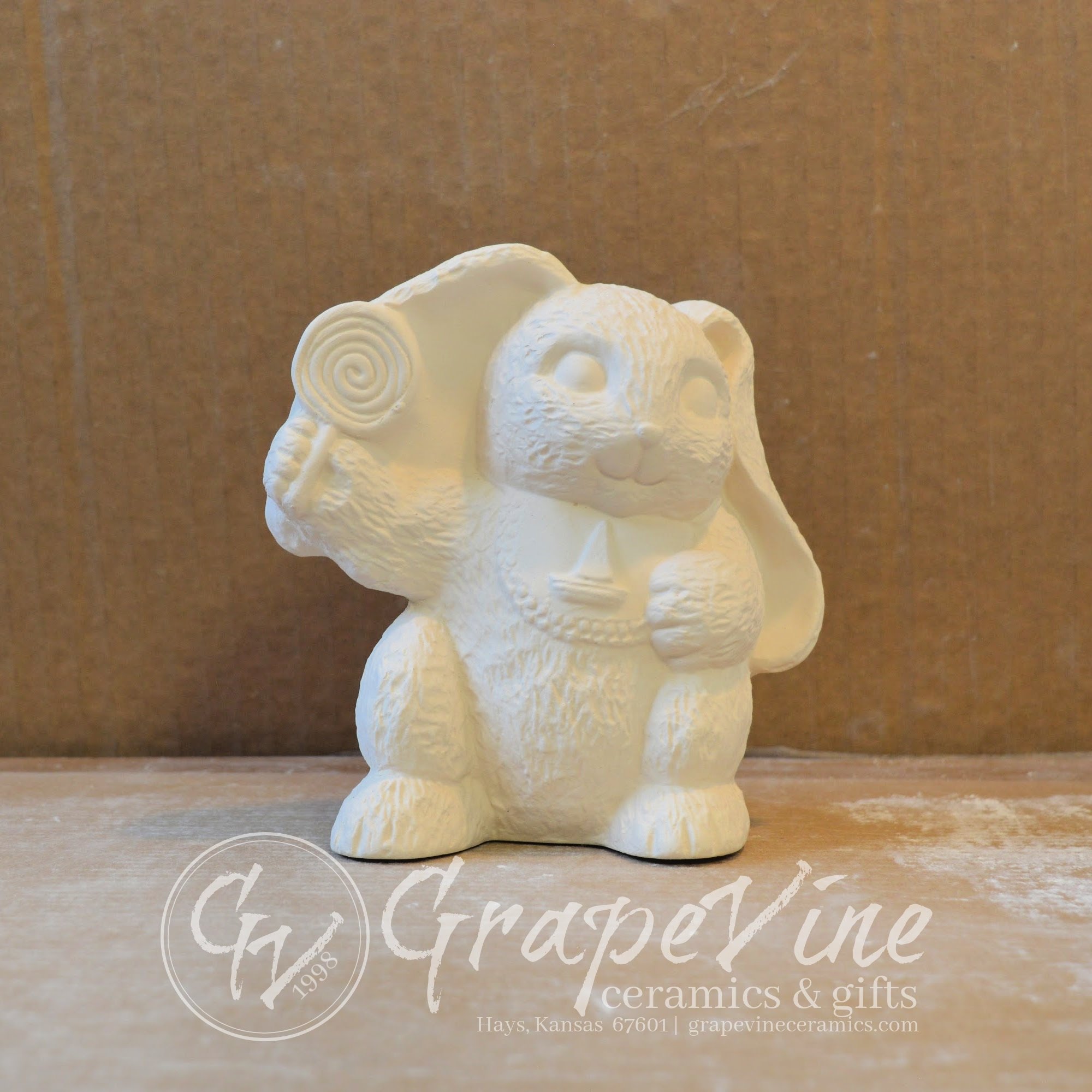 Front view of unpainted Jelly Bean Bunny ceramic bisque Easter figurine