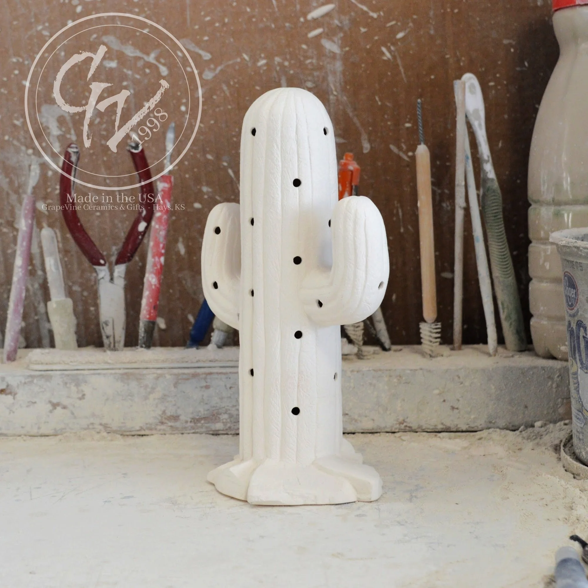 Side angle profile Unpainted white ceramic Saguaro Cactus bisque, 7.5 inches tall, professionally cleaned and ready to paint.