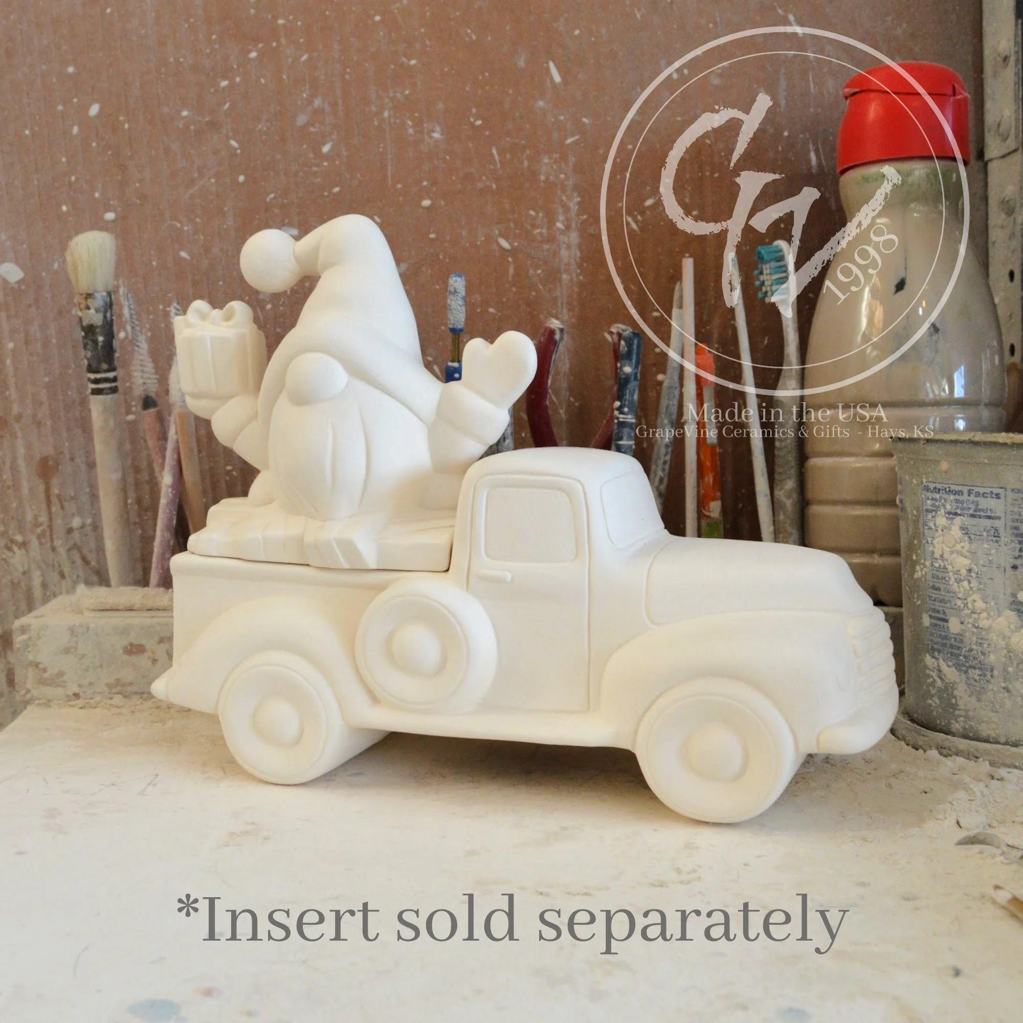 Example of a unfinished ceramic pickup truck with a Christmas gnome insert.