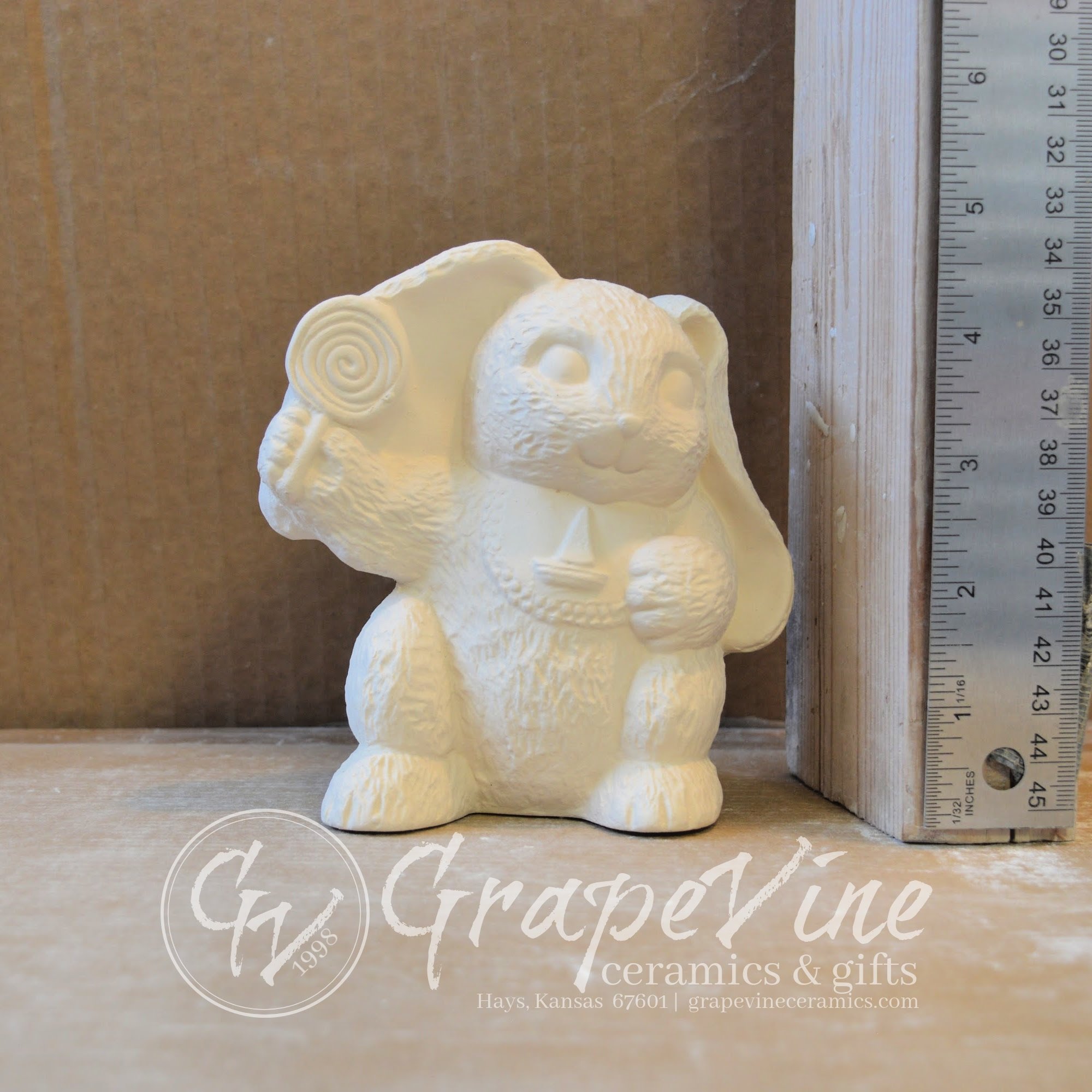 Jelly Bean Bunny ceramic bisque measuring approximately 4.5 inches tall