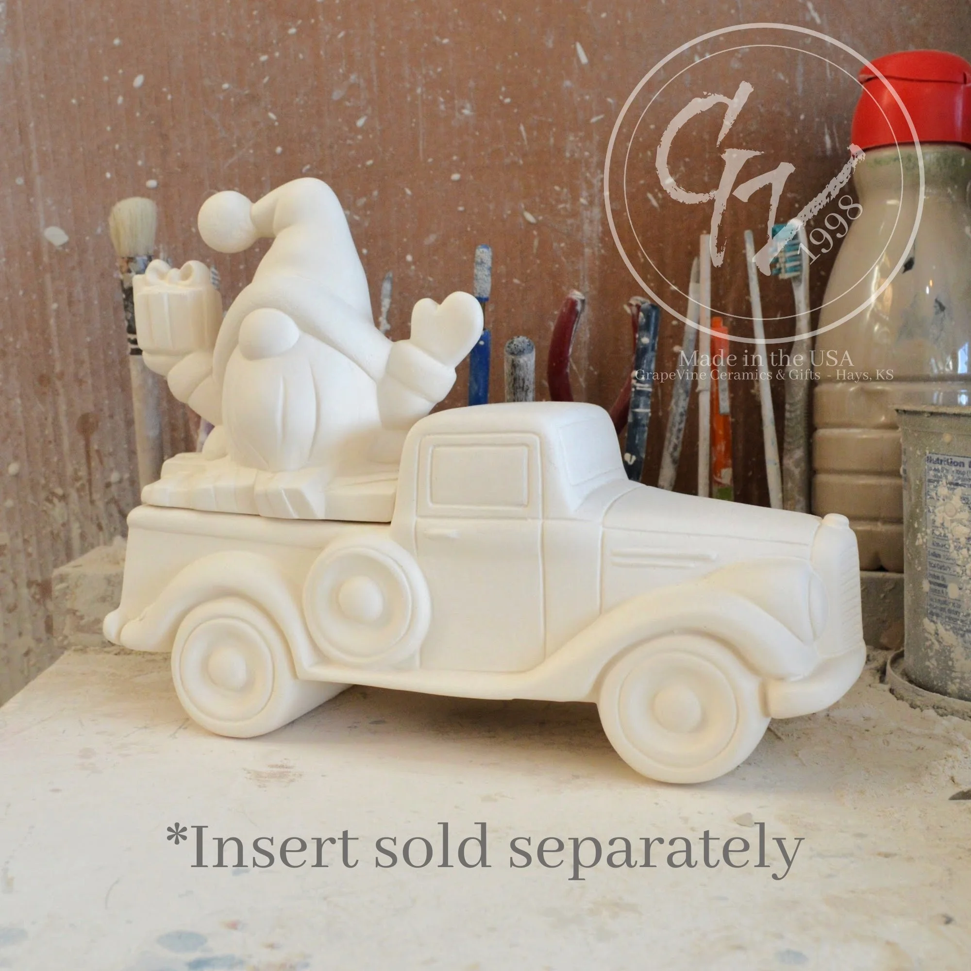 Unpainted white ceramic jalopy pickup truck bisque, Clay Magic 4208, with gnome insert ready for DIY painting.