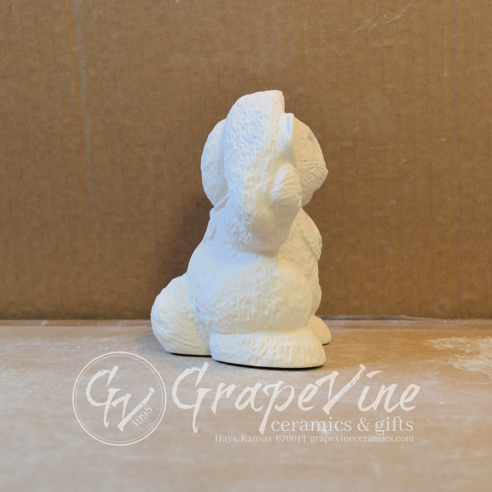 Side profile of ready-to-paint Jelly Bean Bunny ceramic rabbit bisque