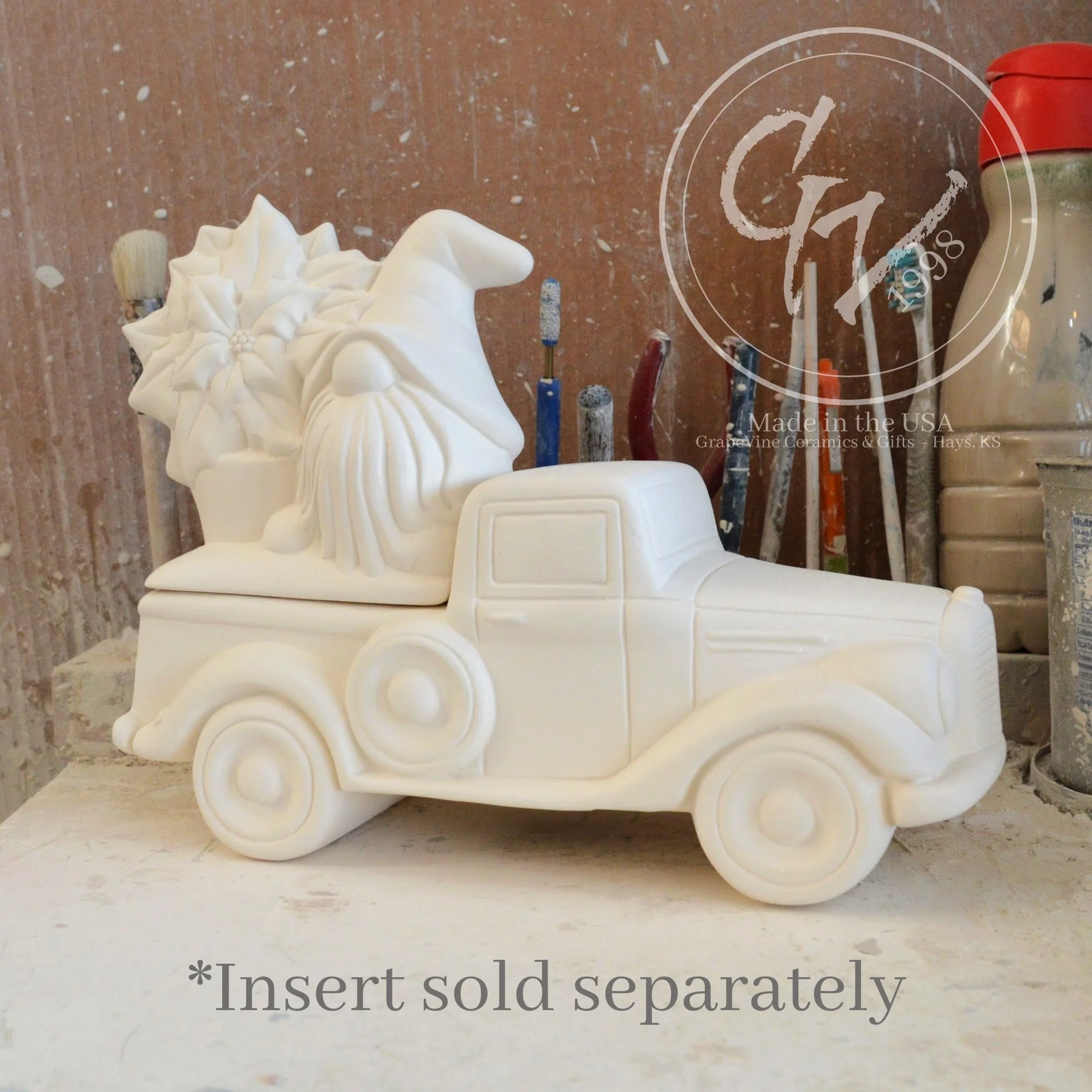 Unpainted white ceramic jalopy pickup truck bisque, Clay Magic 4208, with gnome insert ready for DIY painting.