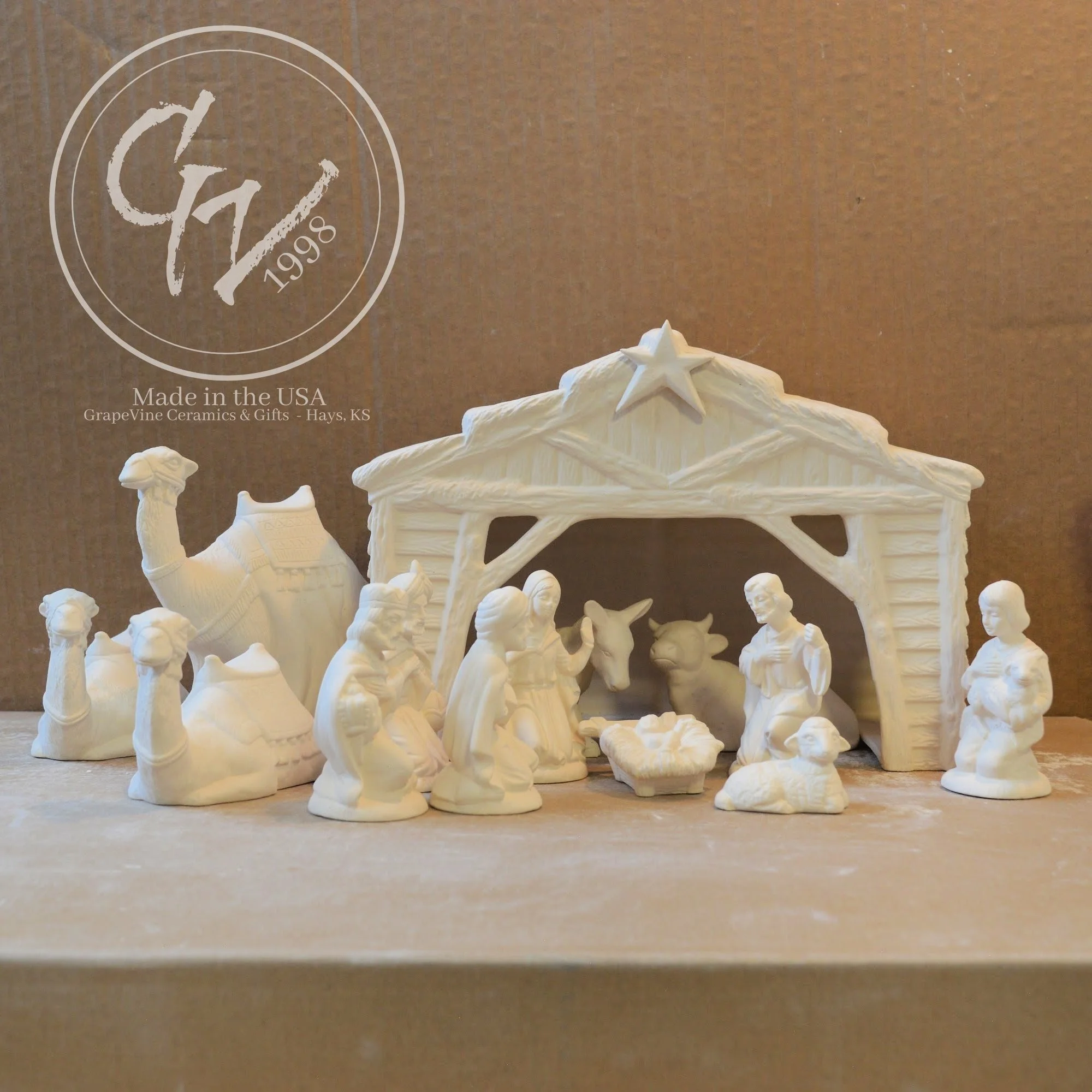 13 piece nativity set and creche ready-to-paint ceramic bisque