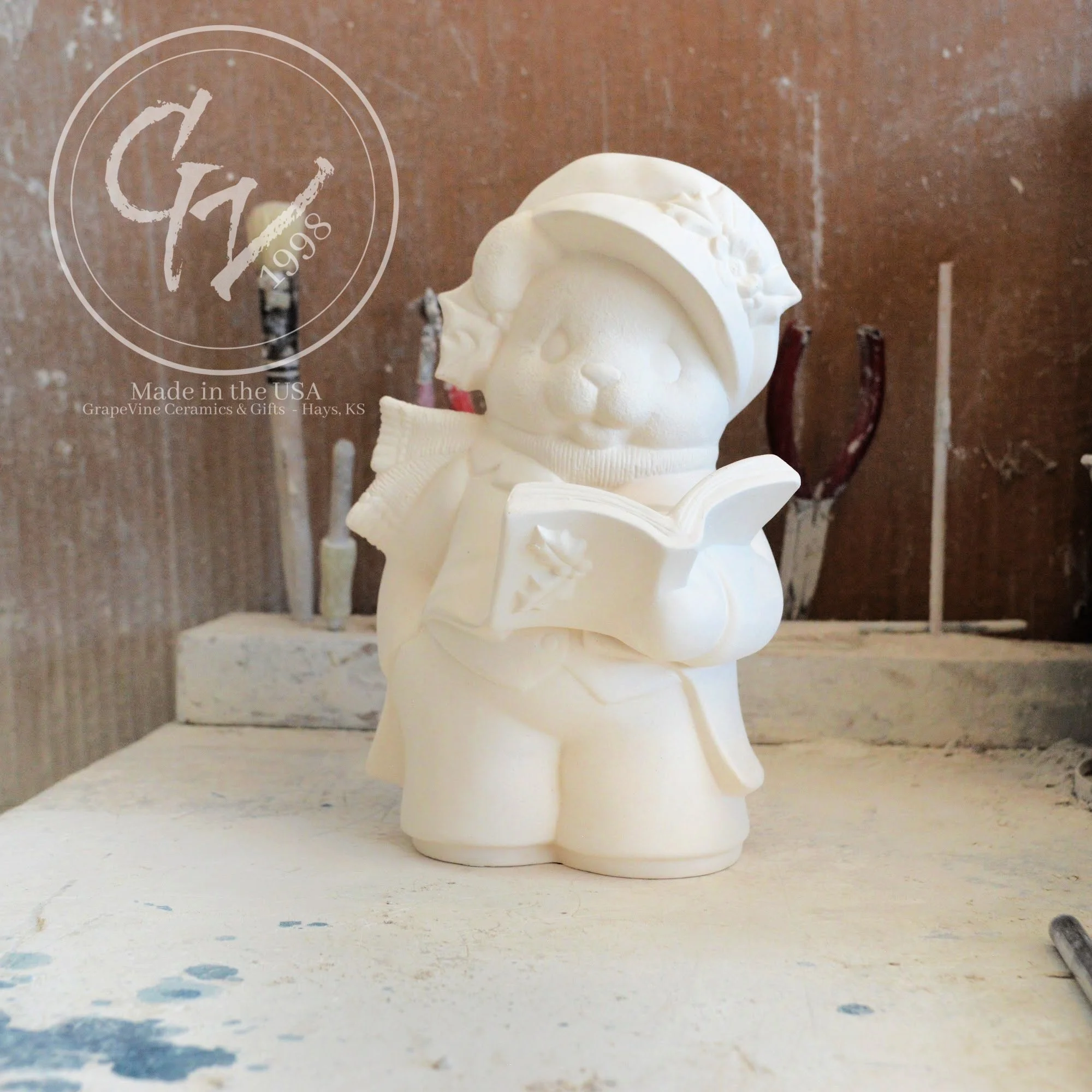Unpainted white ceramic bisque Boy Christmas Bear figurine by Clay Magic 1253, 7.5 inches tall.