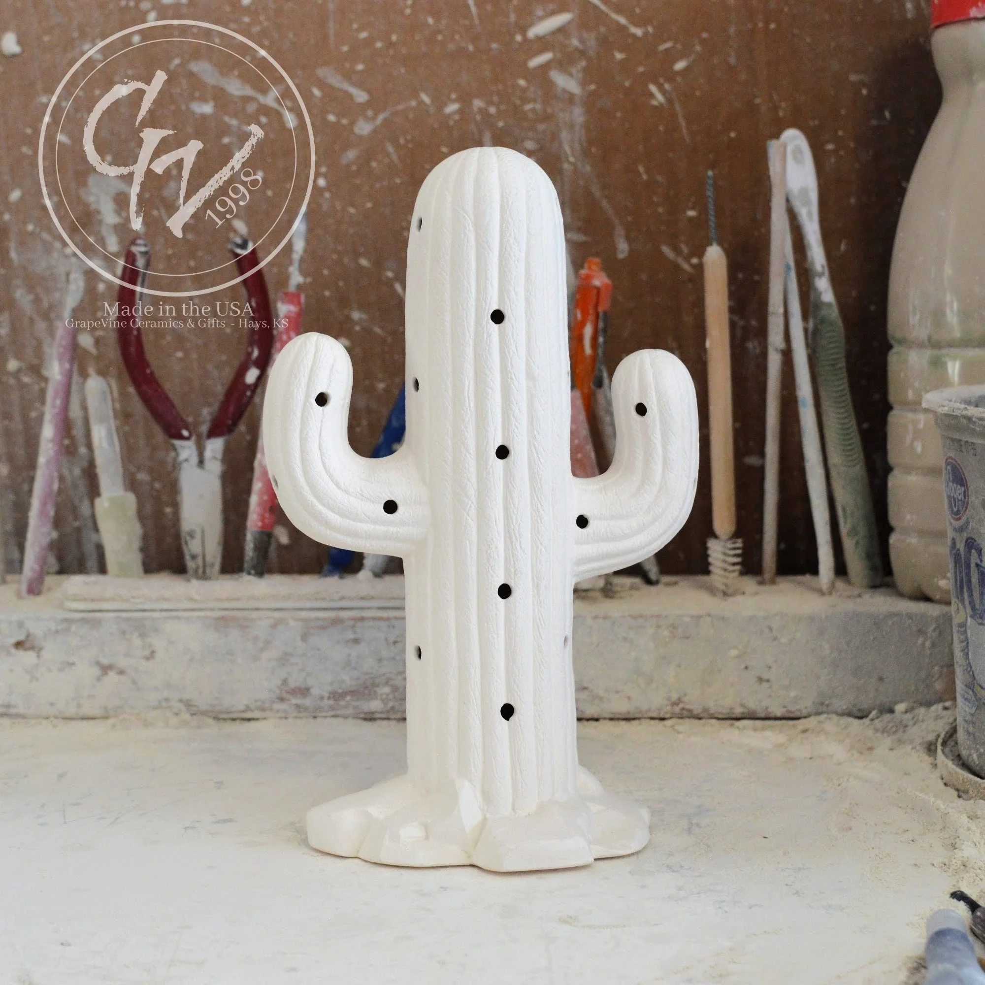 Unpainted white ceramic Saguaro Cactus bisque, 7.5 inches tall, professionally cleaned and ready to paint.