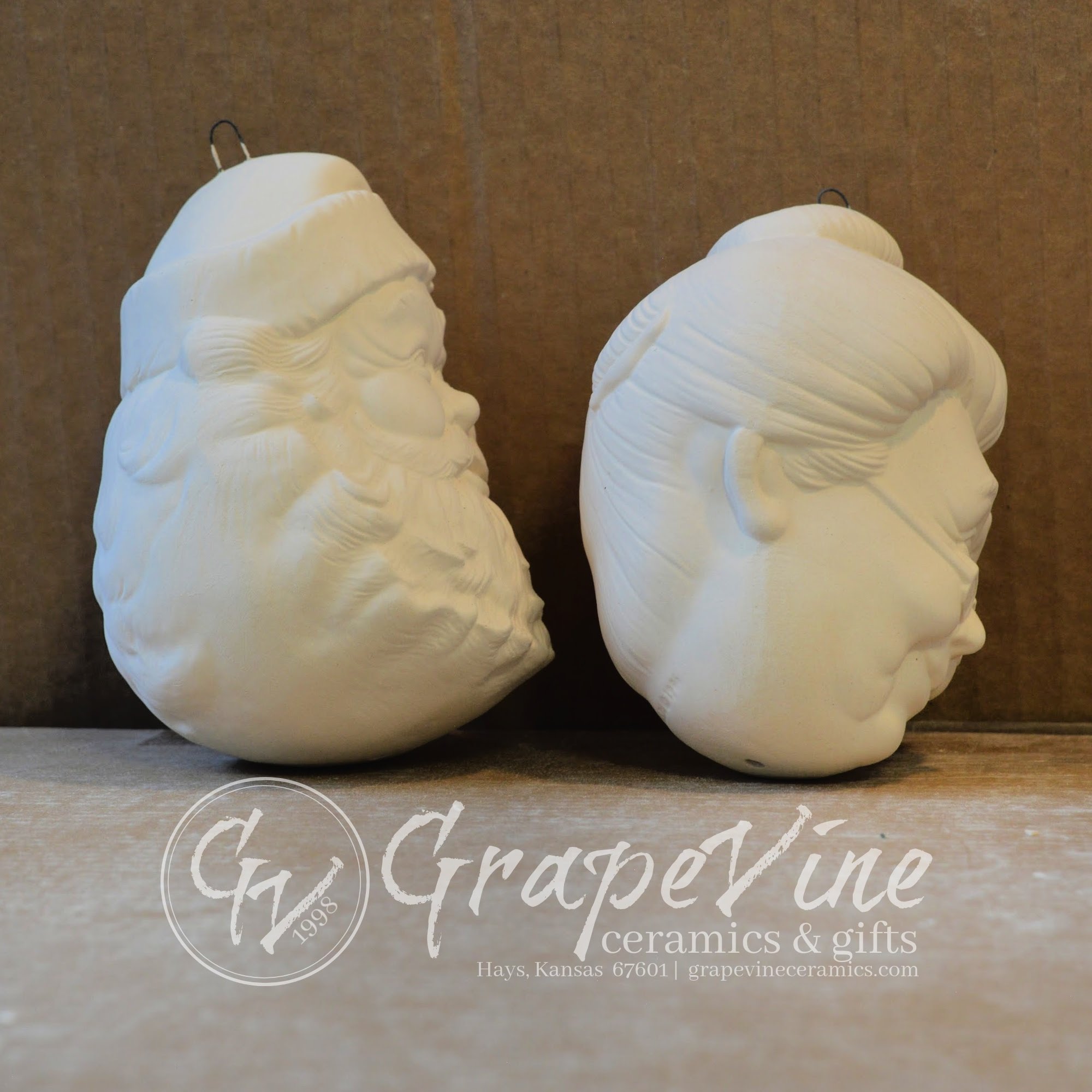 Side view Mr and Mrs Claus ready-to-paint ceramic bisque ornaments