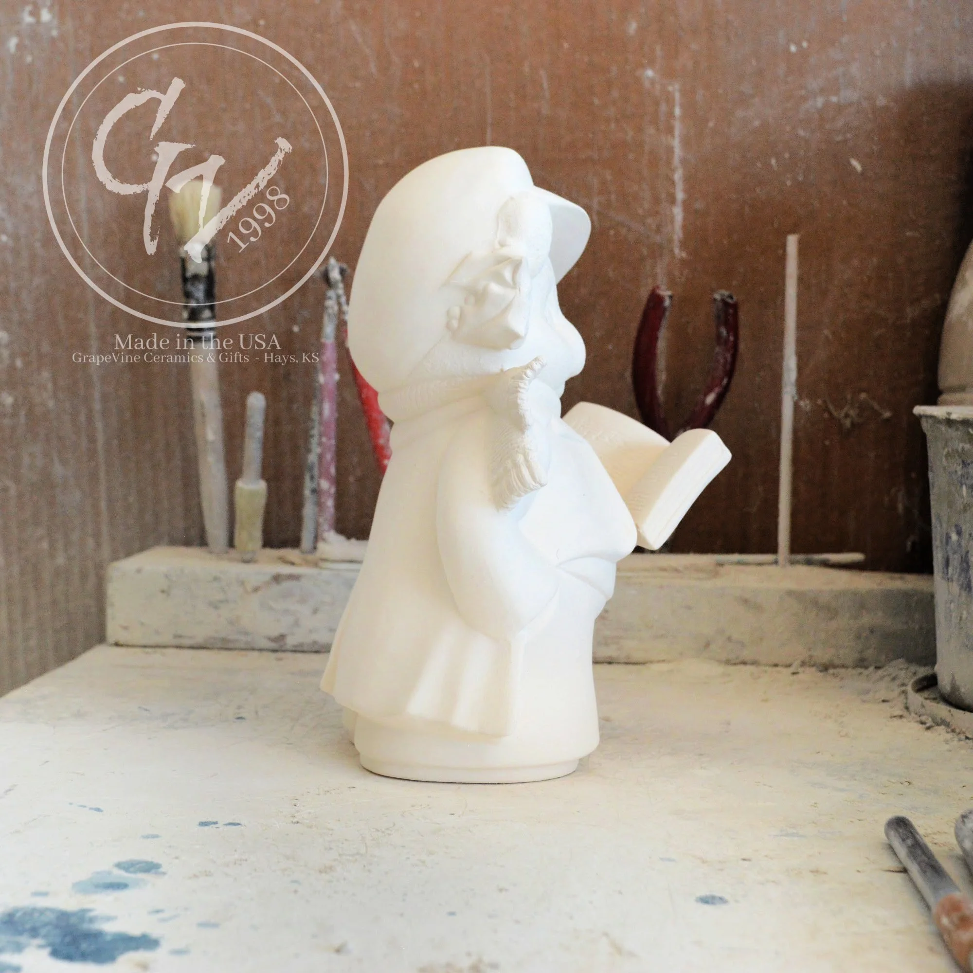 Unpainted white ceramic bisque Boy Christmas Bear figurine by Clay Magic 1253, 7.5 inches tall.