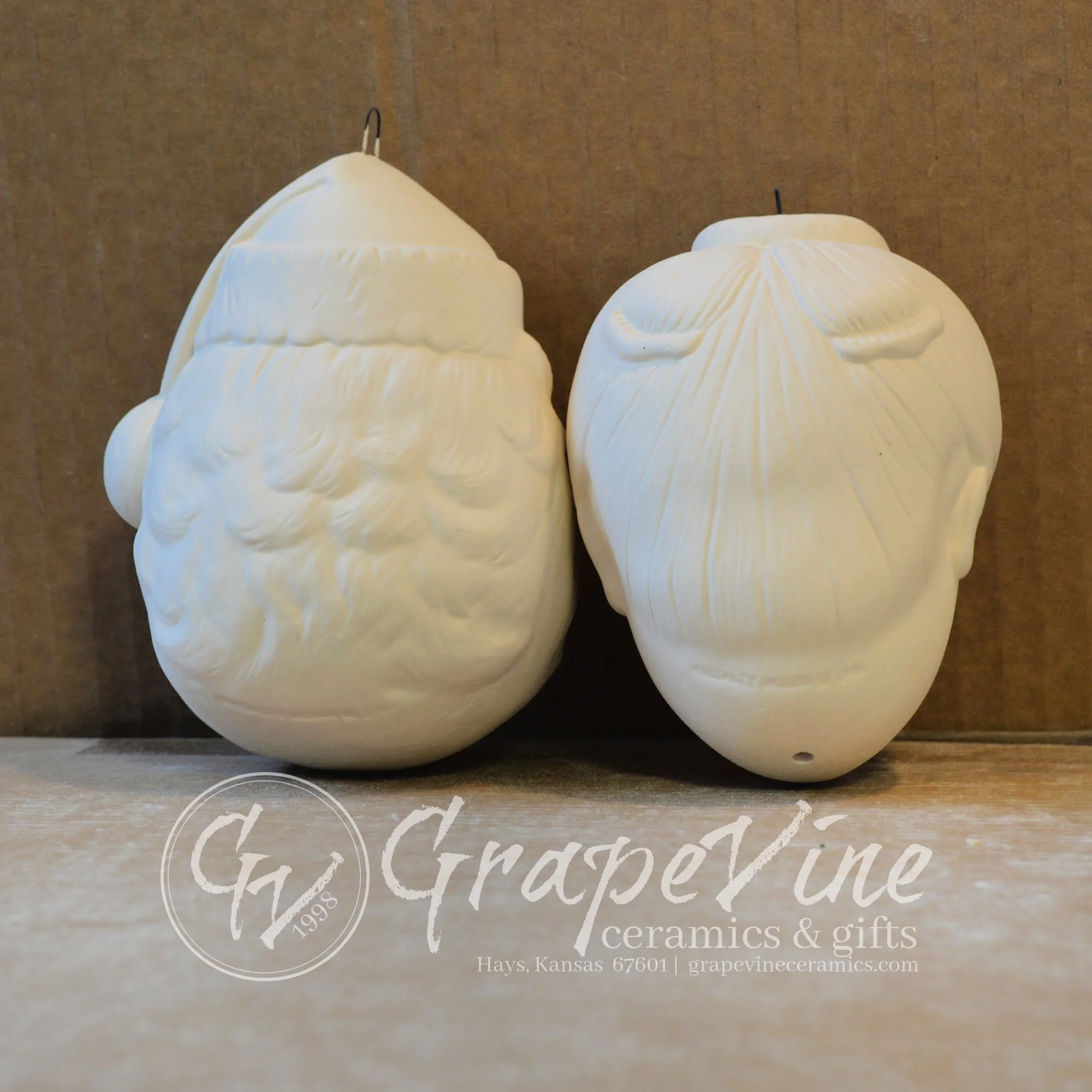 Rear view Mr and Mrs Claus ready-to-paint ceramic bisque ornaments