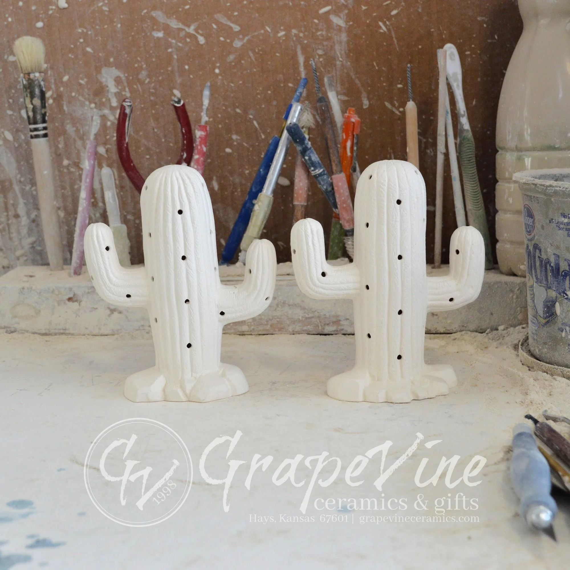 Set of two unpainted white ceramic Saguaro Cactus bisque figurines, 5.25 inches tall, ready to paint.