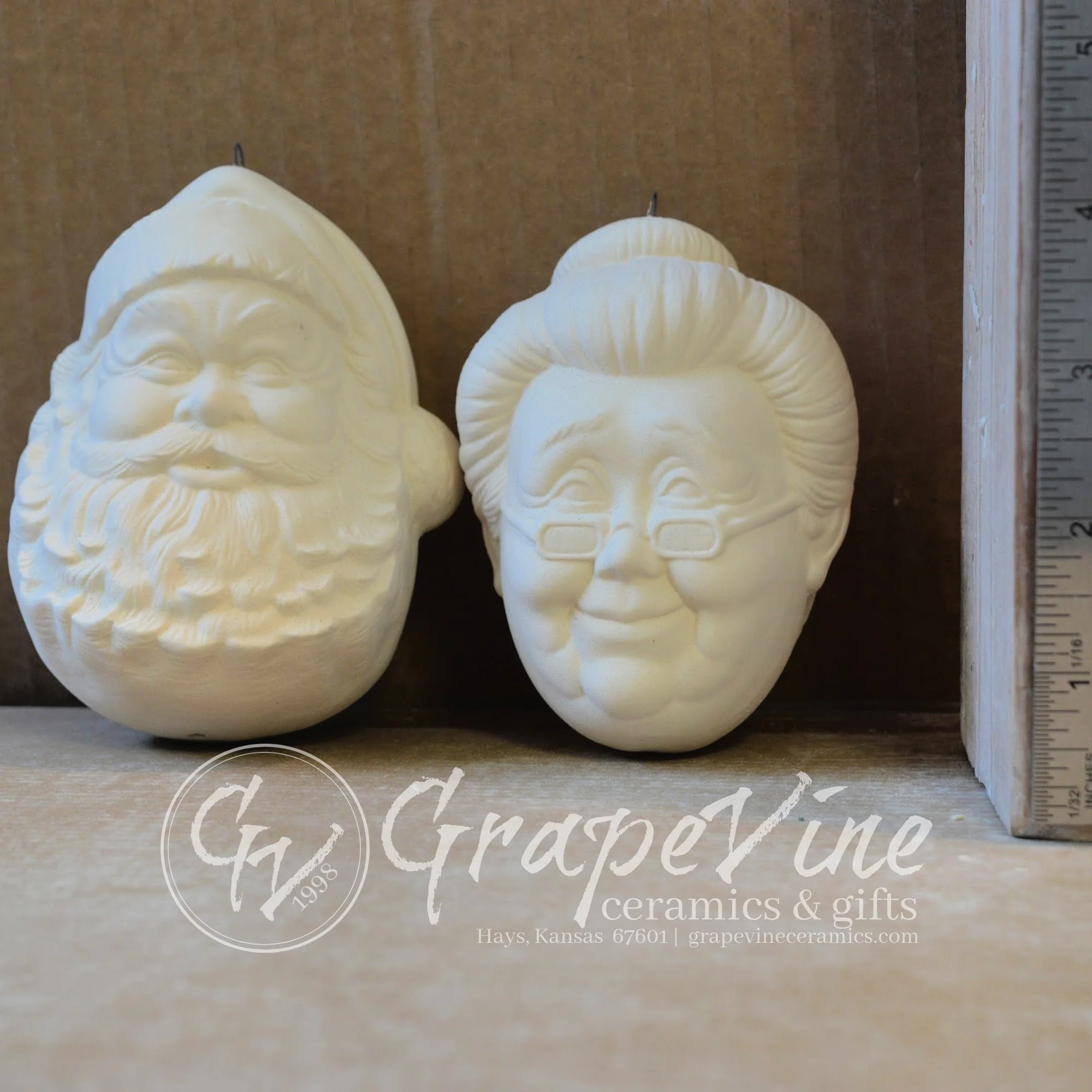 Mr and Mrs Claus ready-to-paint ceramic bisque ornaments with ruler for scale