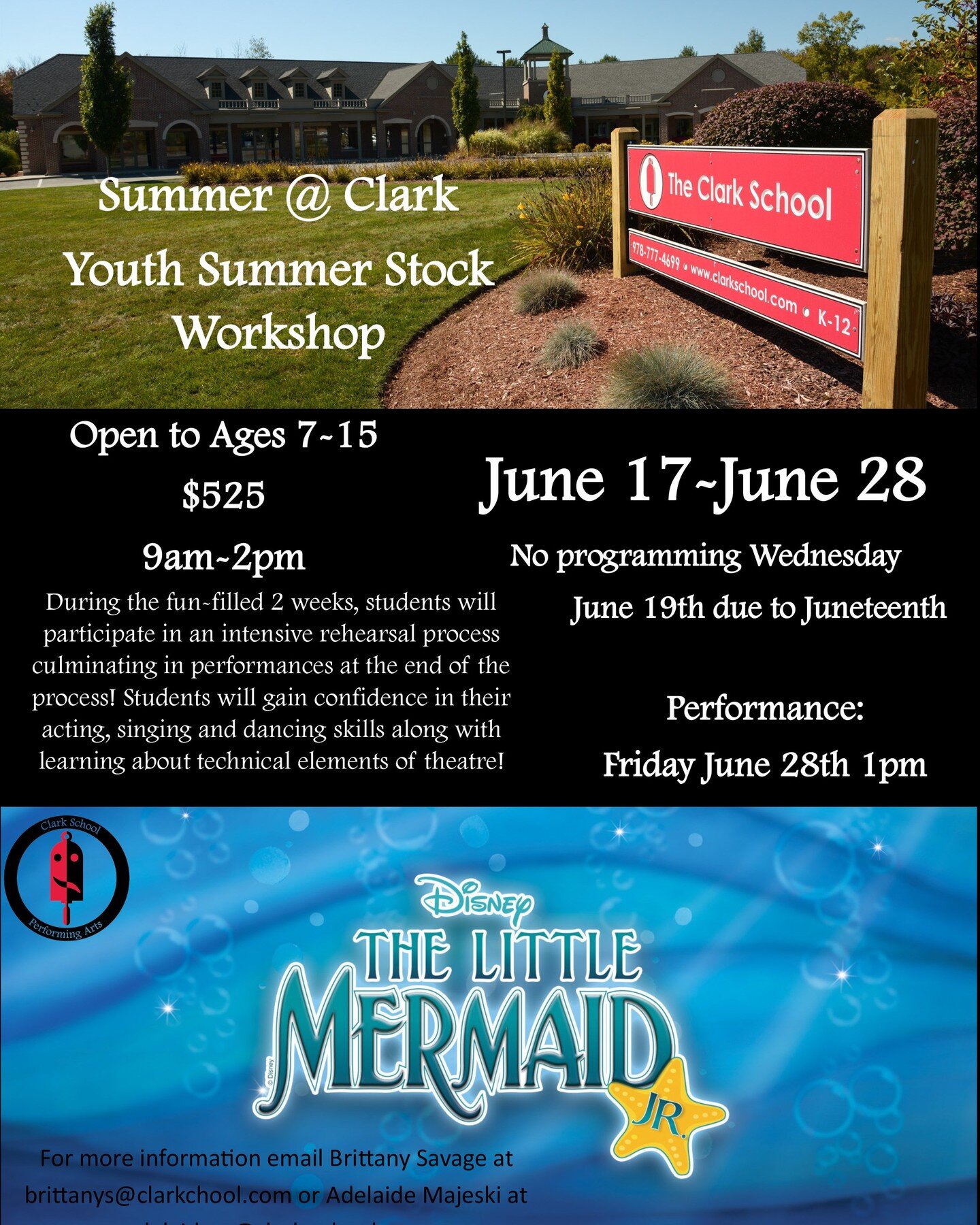 Youth Summer Stock Workshop Presents... Disney's The Little Mermaid JR.! 🧜&zwj;♀️🌊

Learn more &amp; sign up today on https://www.clarkschool.com/youthsummerstock 🎭☀️

#theater #summerprograms #summercamp #camp #theater #youthsummerstock #kids #pe