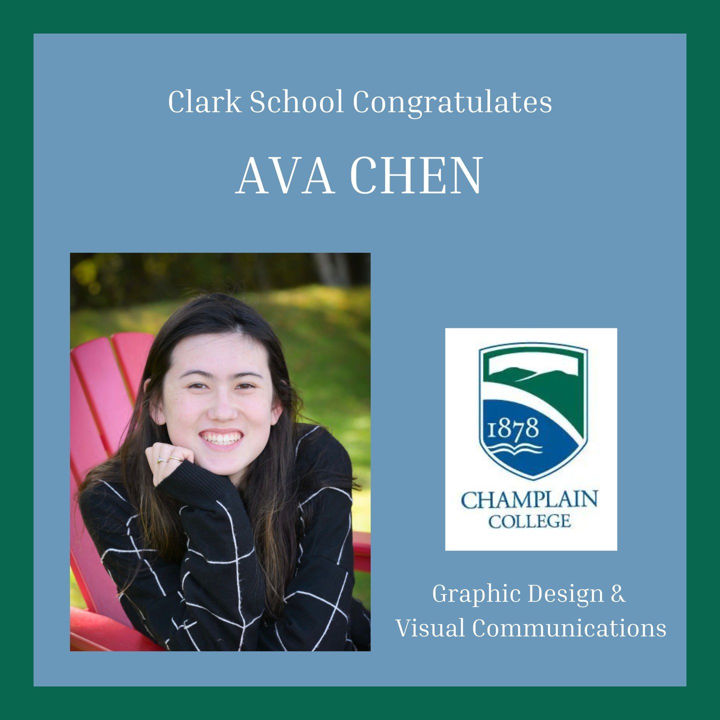 Big congratulations to High School Senior, Ava Chen, on her acceptance to @champlainedu she will be studying Graphic Design &amp; Visual Communications!