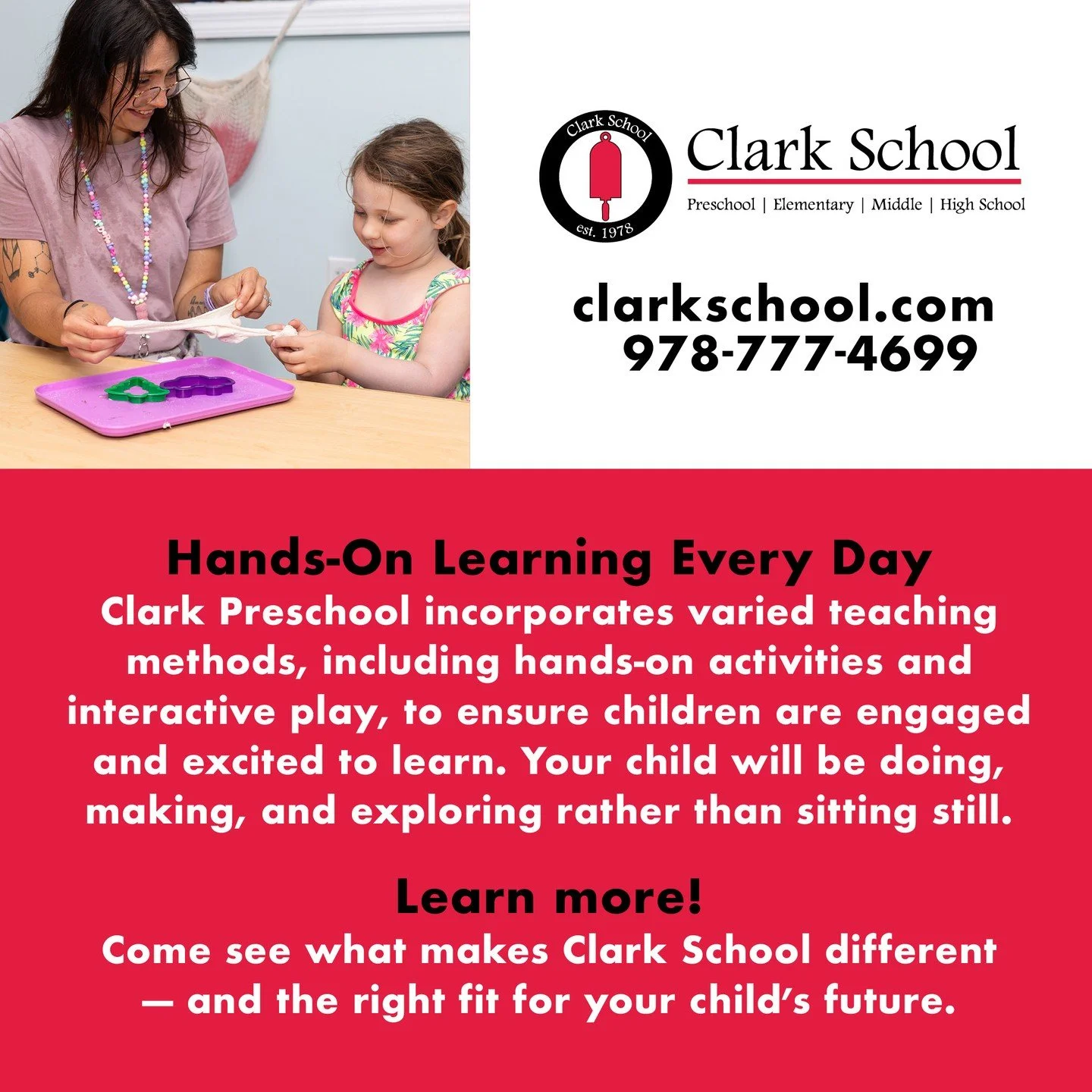 Discover, Play, Grow! 🌟

At Clark School&rsquo;s Play-Based Preschool in Rowley, MA learning happens through fun, exploration, and imagination. Small classes, big adventures, and a community that feels like family! ❤️🛝🎨

 &rarr; Schedule a Visit: 