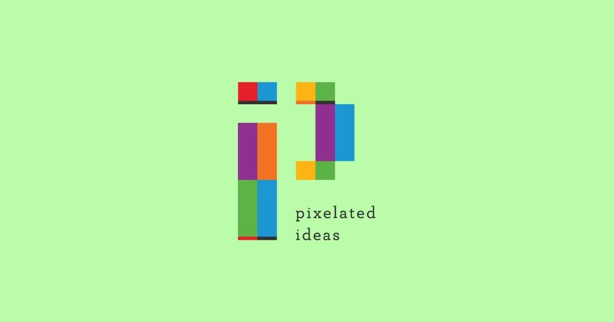 Colorful geometric design on a light green background with the text 'pixelated ideas' underneath.