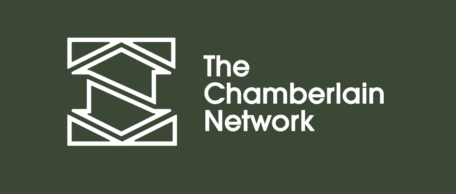 Logo for The Chamberlain Network with geometric design and text on a dark green background.