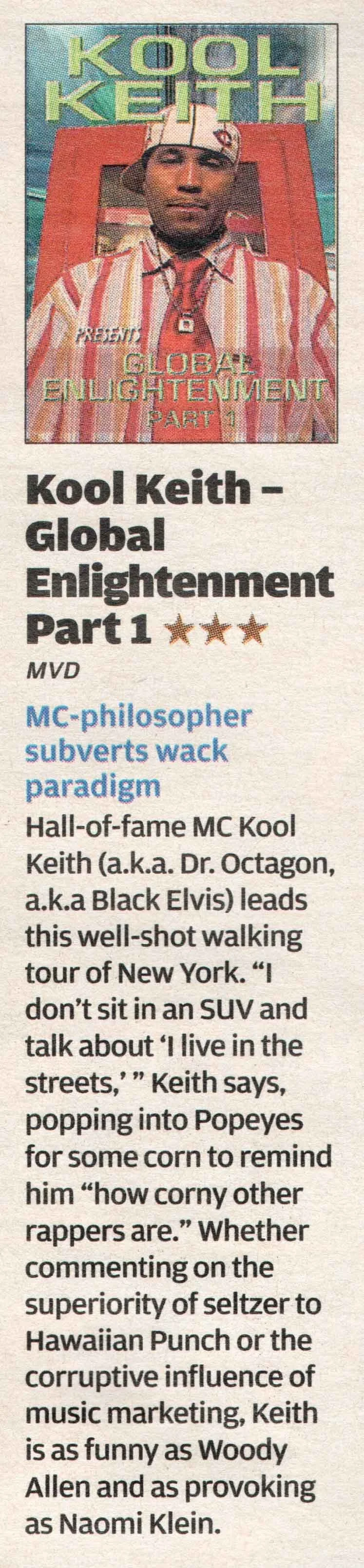 Magazine review of 'Kool Keith – Global Enlightenment Part 1' with text discussing his style and impact on music.