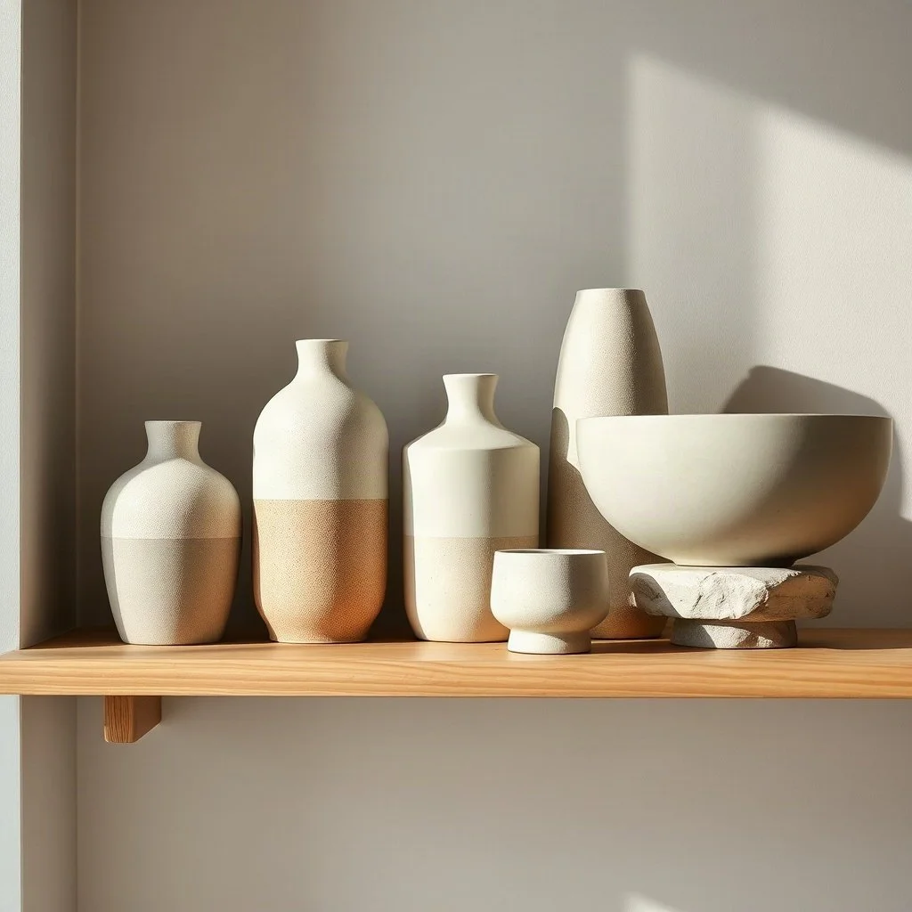 Ceramic vases and a bowl on a wooden shelf