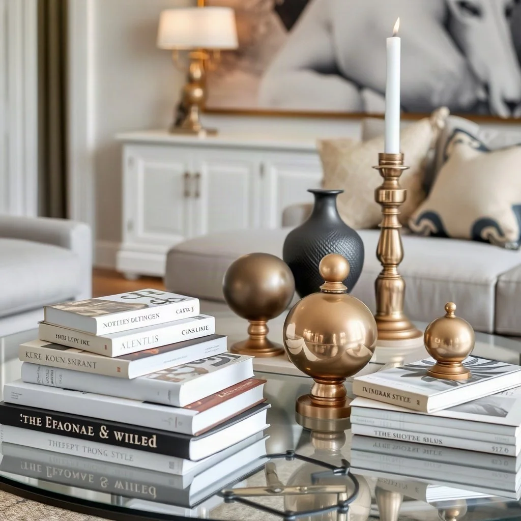 Stacked books and brass objects on a glass coffee table