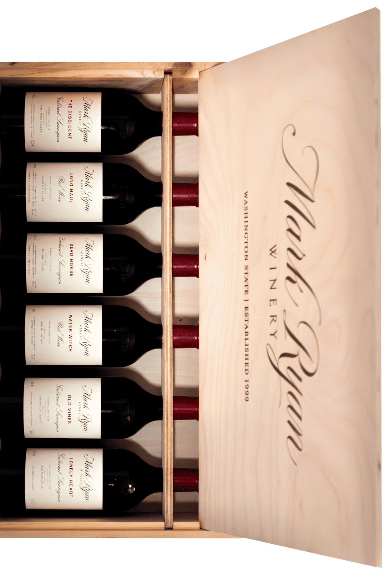 Five bottles of Mark Ryan Winery red wines in an elegant wooden box.