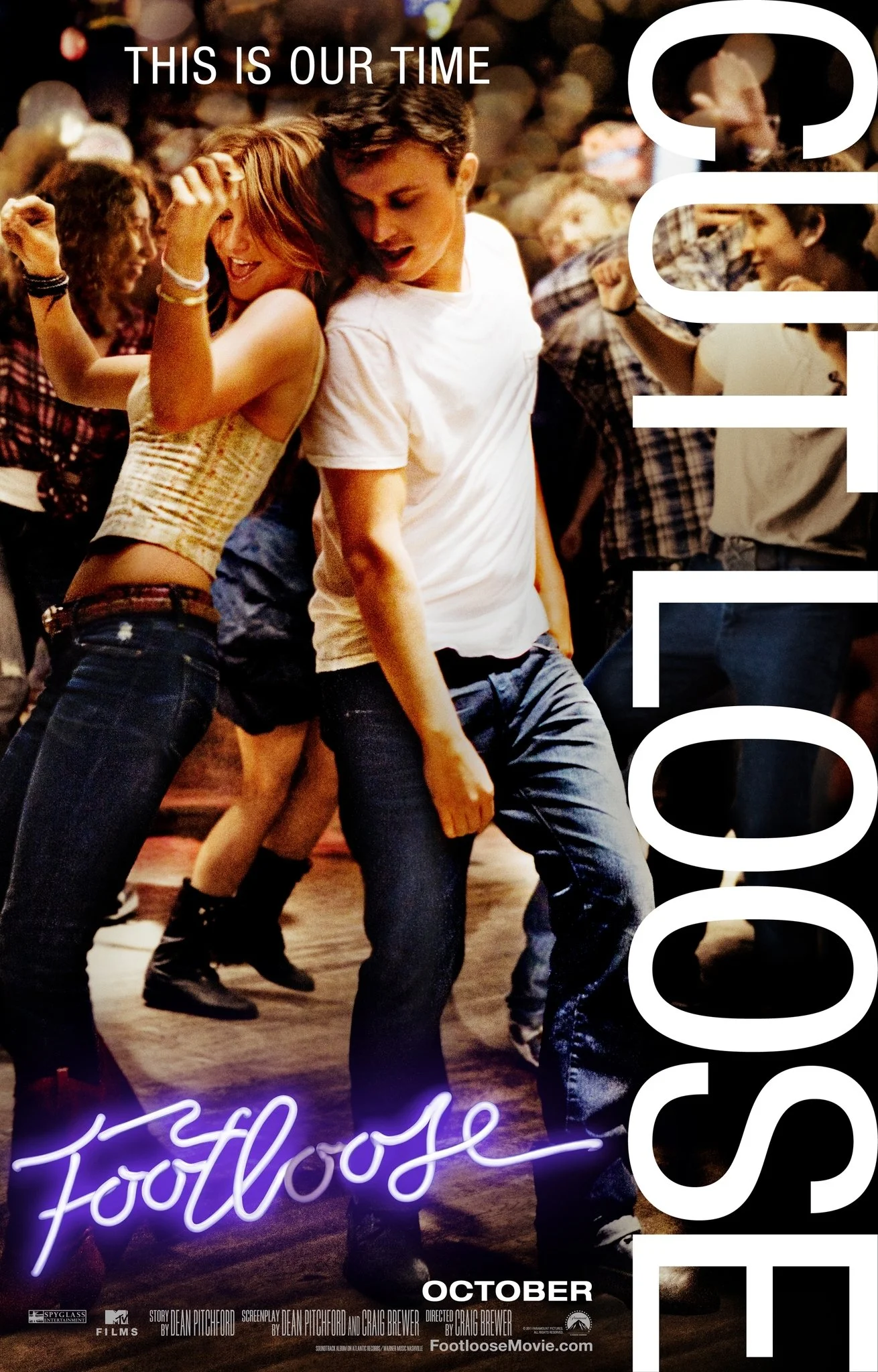 A group of young people dancing together at a lively party or nightclub, with a neon sign that says 'Footloose' in the foreground and the word 'Sound' vertically aligned on the right side. The scene is energetic and fun, with people enjoying music an