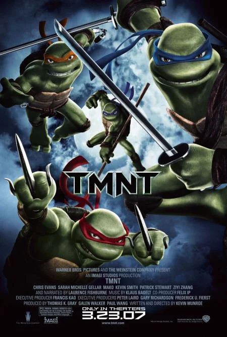 Animated characters from Teenage Mutant Ninja Turtles, four turtles in masks holding weapons, with the TMNT logo at the bottom.