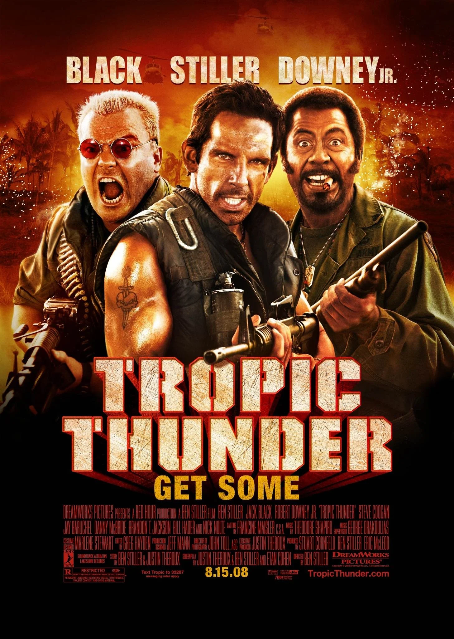 Movie poster for Tropical Thunder featuring three men holding weapons. The title is in large red and white text, with the actors' names at the top and the release date at the bottom.