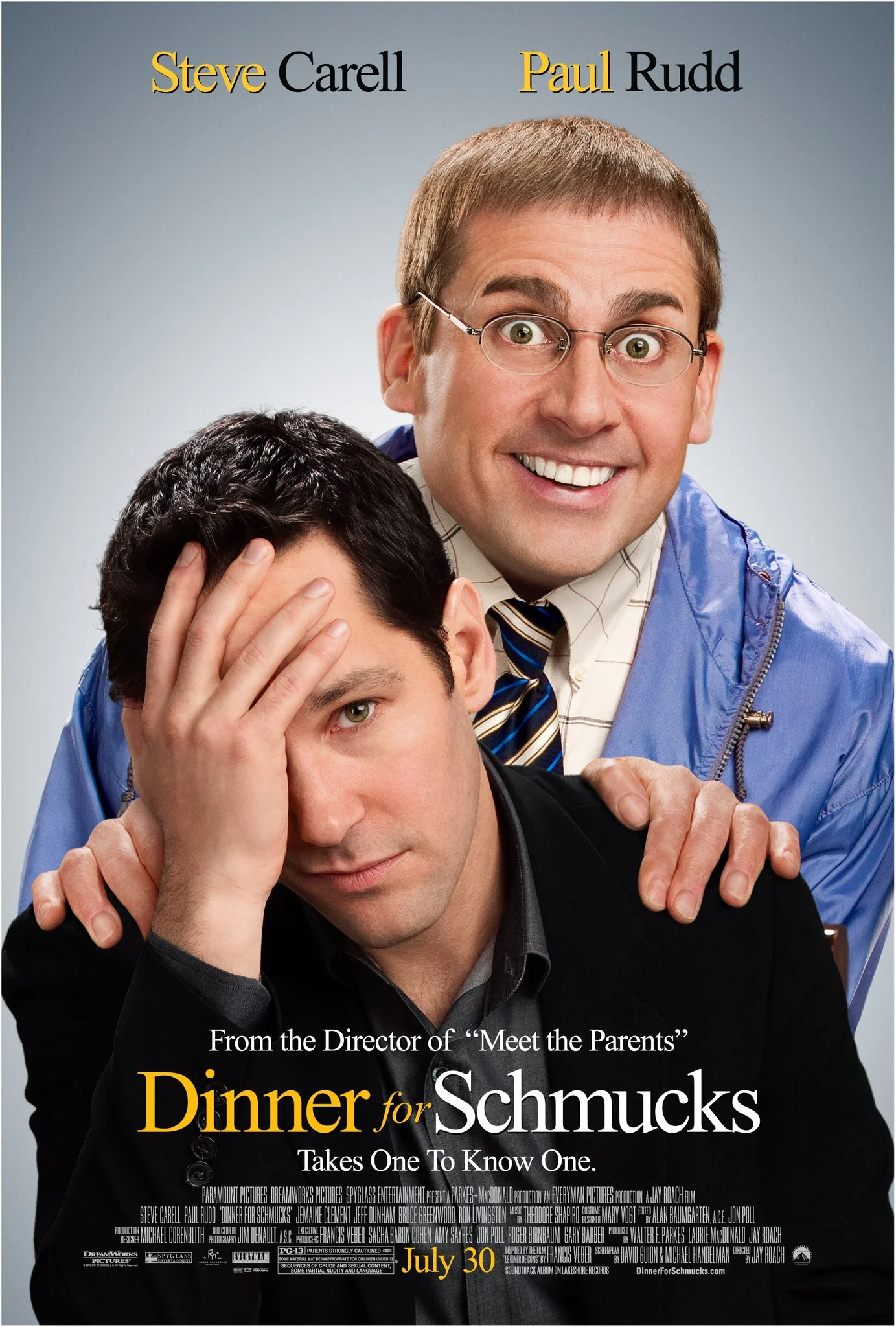 Movie poster for "Dinner for Schmucks" starring Steve Carell and Paul Rudd. The poster features Steve Carell smiling behind Paul Rudd, who has a serious expression and is holding his forehead. The title is at the bottom, along with the release date J