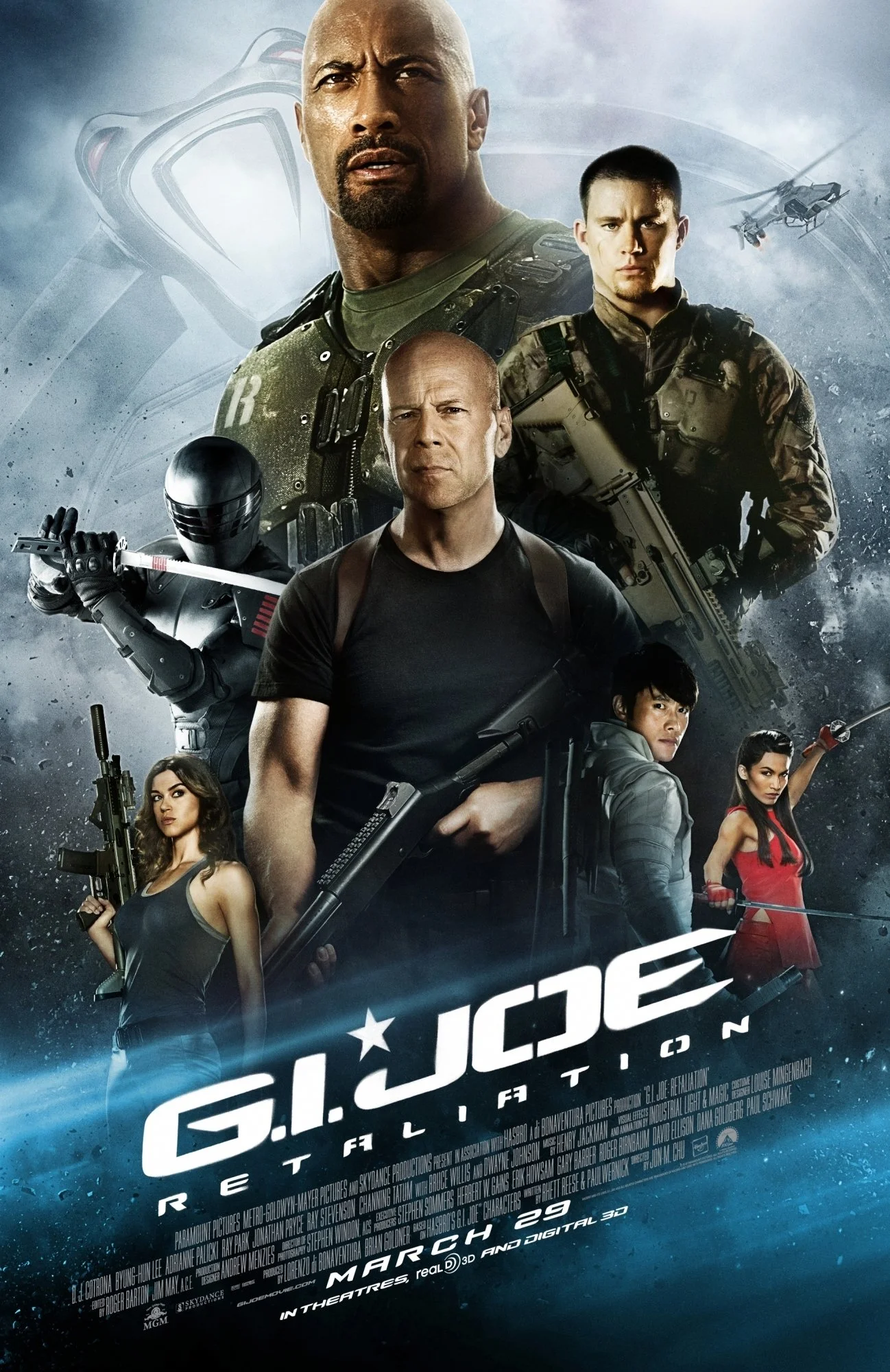 A poster for the movie G.I. Joe: Retaliation featuring six characters in combat poses with weapons, with the movie title and release date at the bottom.